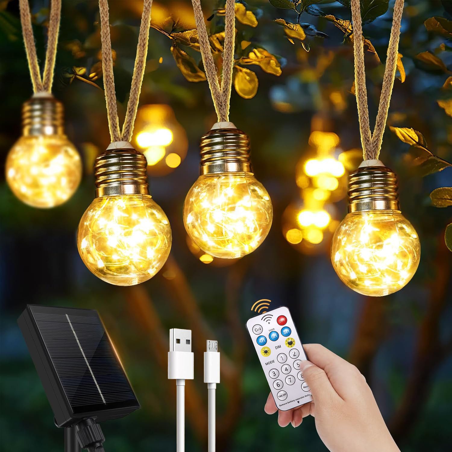 BlingBin LED-Lichterkette Lichterkette Außen 16/26/30/50 LED Glühbirne Bruchsicheren Glühbirnen, 16-flammig, 8M Solarleuchten mit Hanfseil Sommer Outdoor Deko für Gärten, Balkon