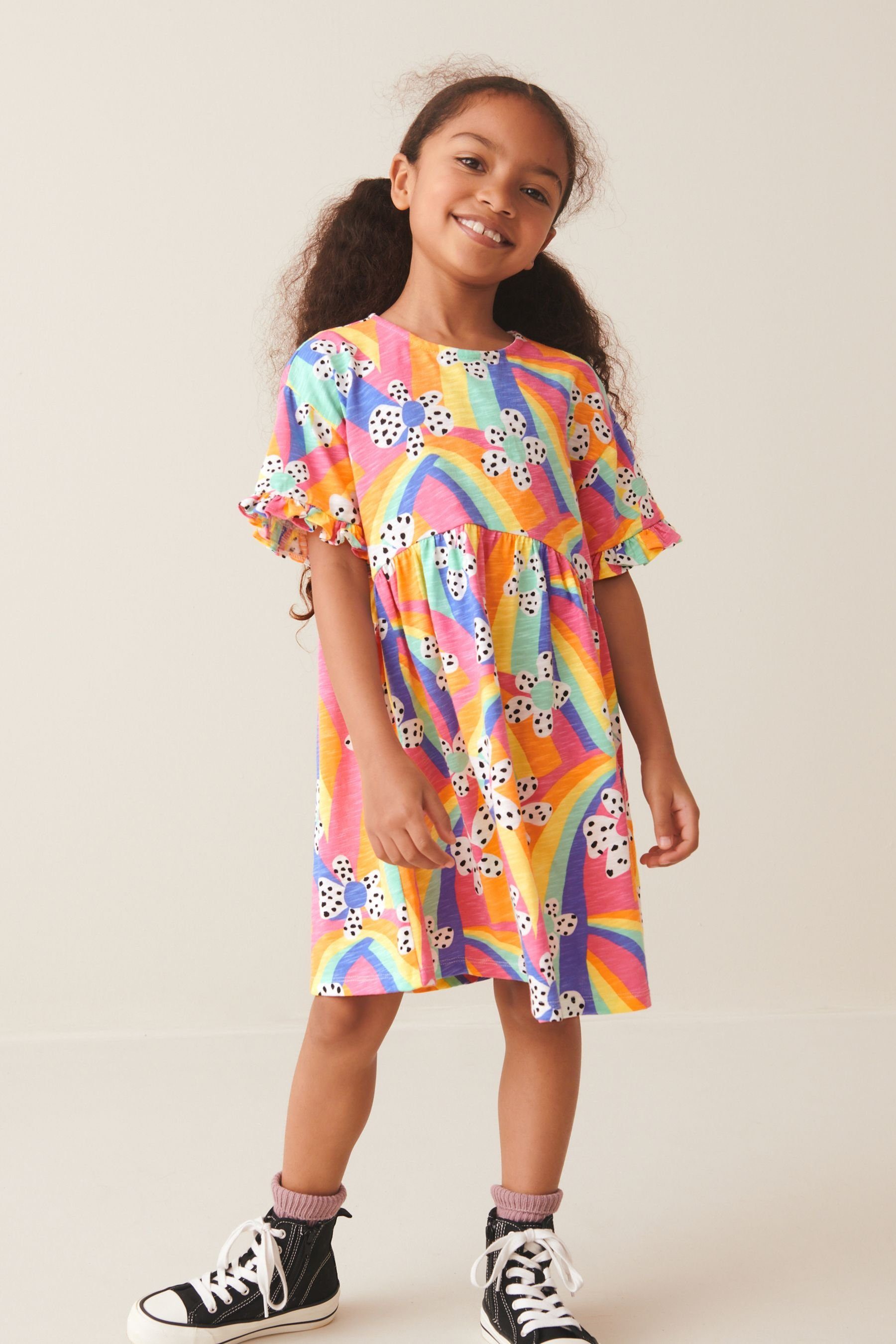 Next Pink/Blue/Green Kurzärmliges Jersey-Kleid (1-tlg) Print Flower Rainbow Jerseykleid