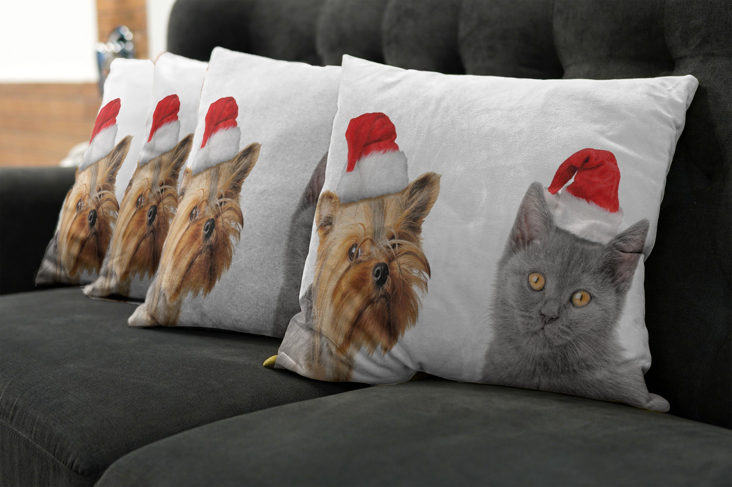 Doppelseitiger (4 Hund Abakuhaus Weihnachten Katze Stück), Digitaldruck, Kissenbezüge Accent Weihnachtsmütze Modern