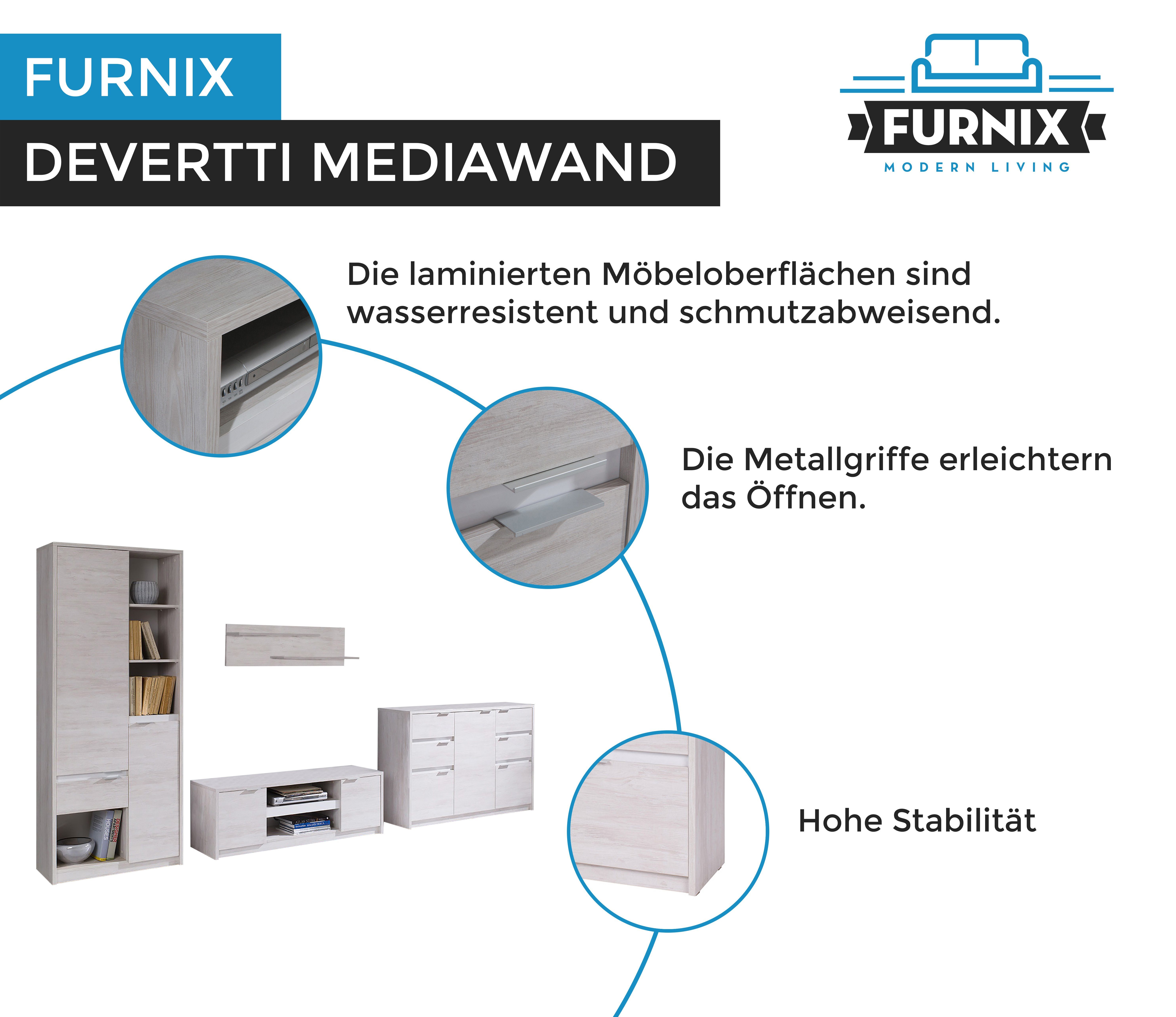 Furnix 4 mit Weißeiche/Weiß Mediawand 4-teilig Glanz, pflegeleicht DEVERTTI Wohnwand TV-Schrank