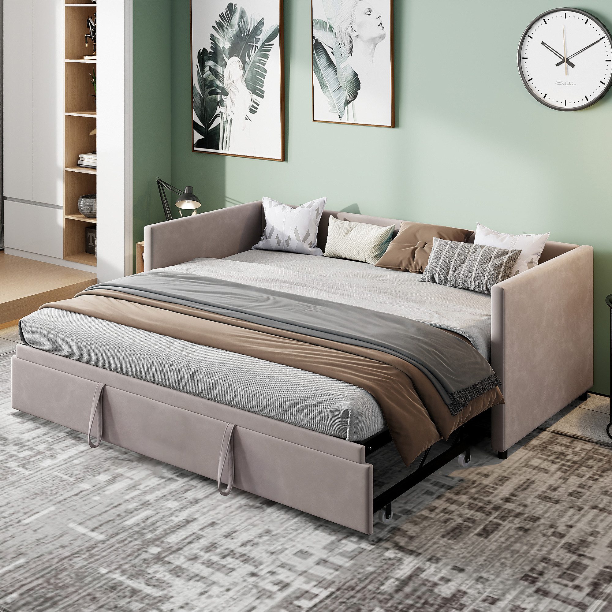 Furnishings Home Polsterbett Daybett Tagesbett Ausziehbett (1 tlg), Schlafsofa, Mit Unterbett, 90x200 cm/180x200 cm, Lattenrost, Samt