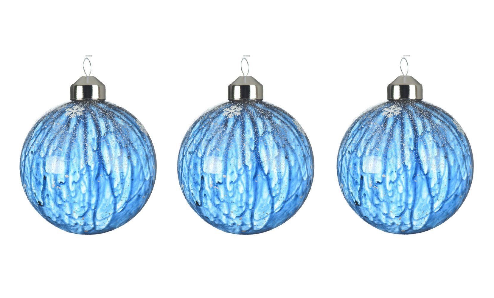 Decoris season decorations Weihnachtsbaumkugel, Weihnachtskugeln Glas 8cm Farbverlauf Schneeflocken 3er Set nachtblau