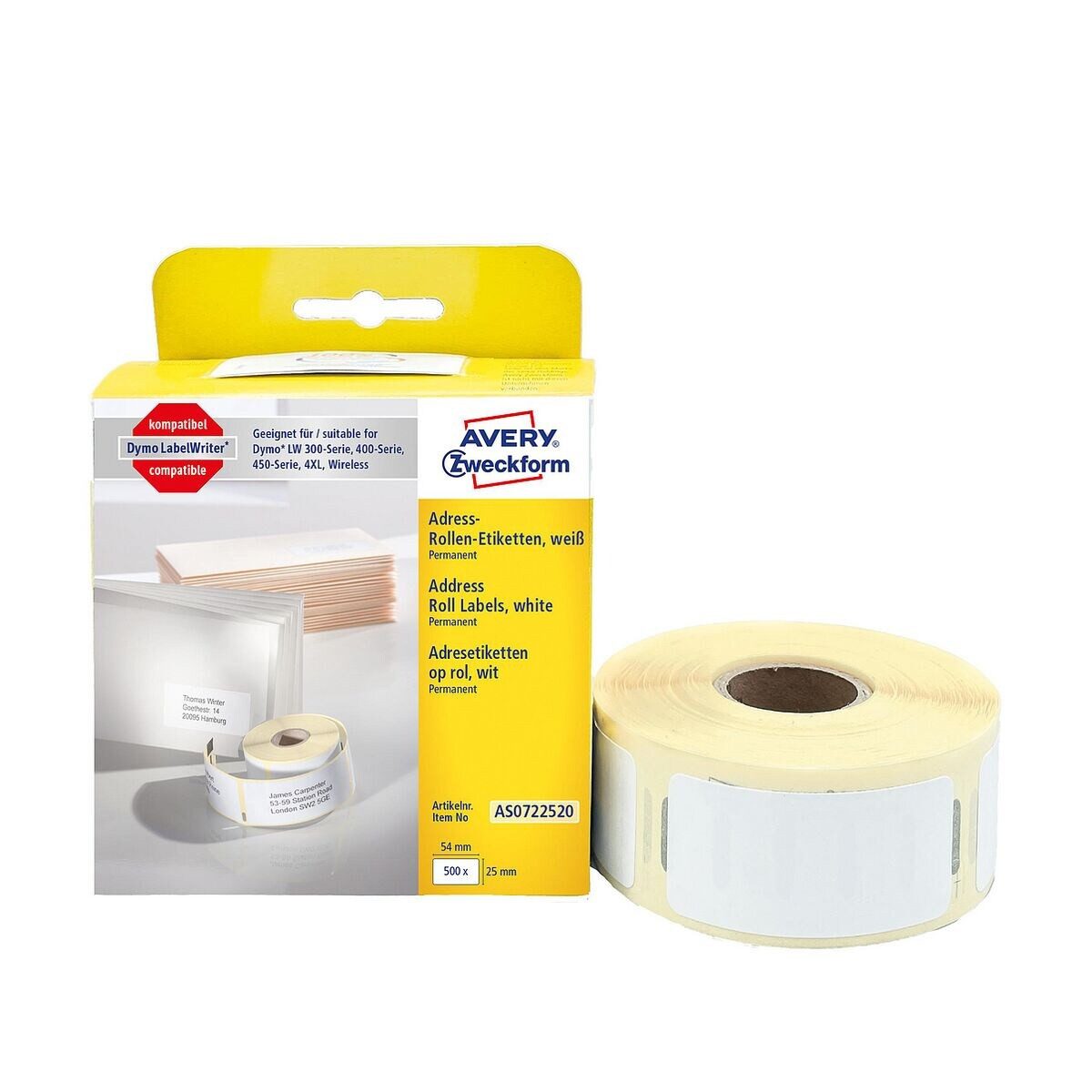 Avery Zweckform Thermorolle AS0722520, entspricht DYMO® S0722520, 500 Adress-Etiketten 25/54 mm