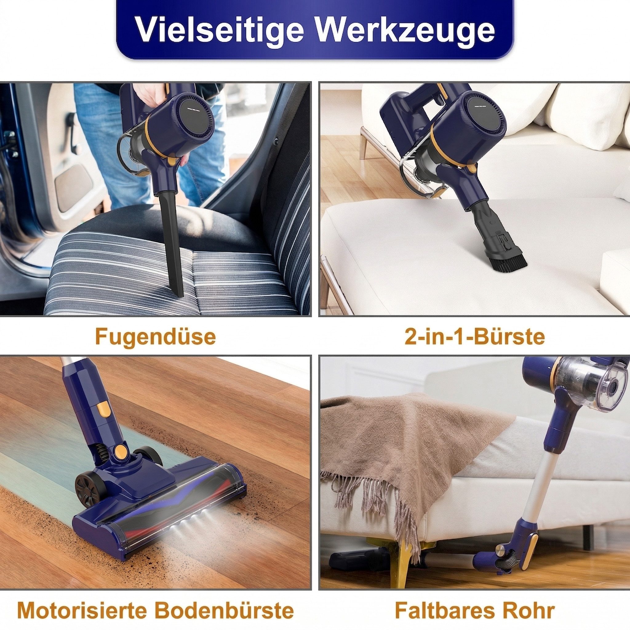 SWGOTA Akku-Hand-und Stielstaubsauger Akku Staubsauger 75000Pa/65Min/1,7 L Staubsauger Kabellos, mit Beutel, 50dB leise/6-Stufen-Filter/LED Display, Ideal für Böden/Teppiche/Auto