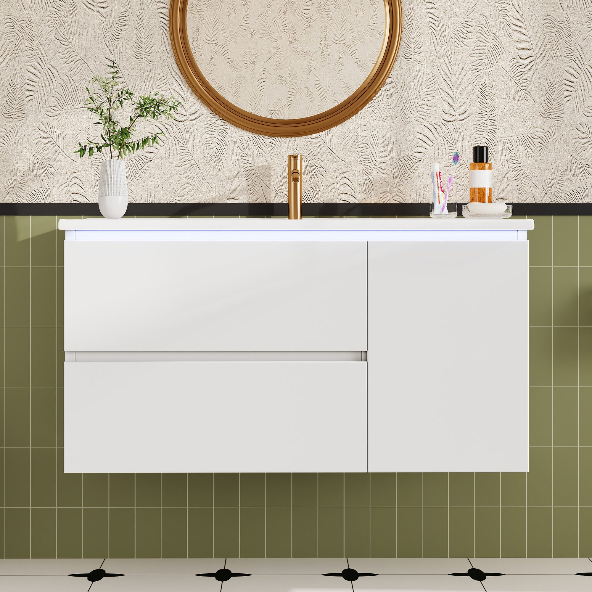 Flieks Waschtisch mit LED-Radarsensor Waschbeckenunterschrank inkl. Waschbecken (wandhängend, Badschrank mit Led-Beleuchtung Waschplatz Badzimmer, 1-St., B91,5/T46,5/H50,5 cm, Volllackierung), Badmöbel-Set mit Schubladen und Türablagen Badezimmerschrank Weiß