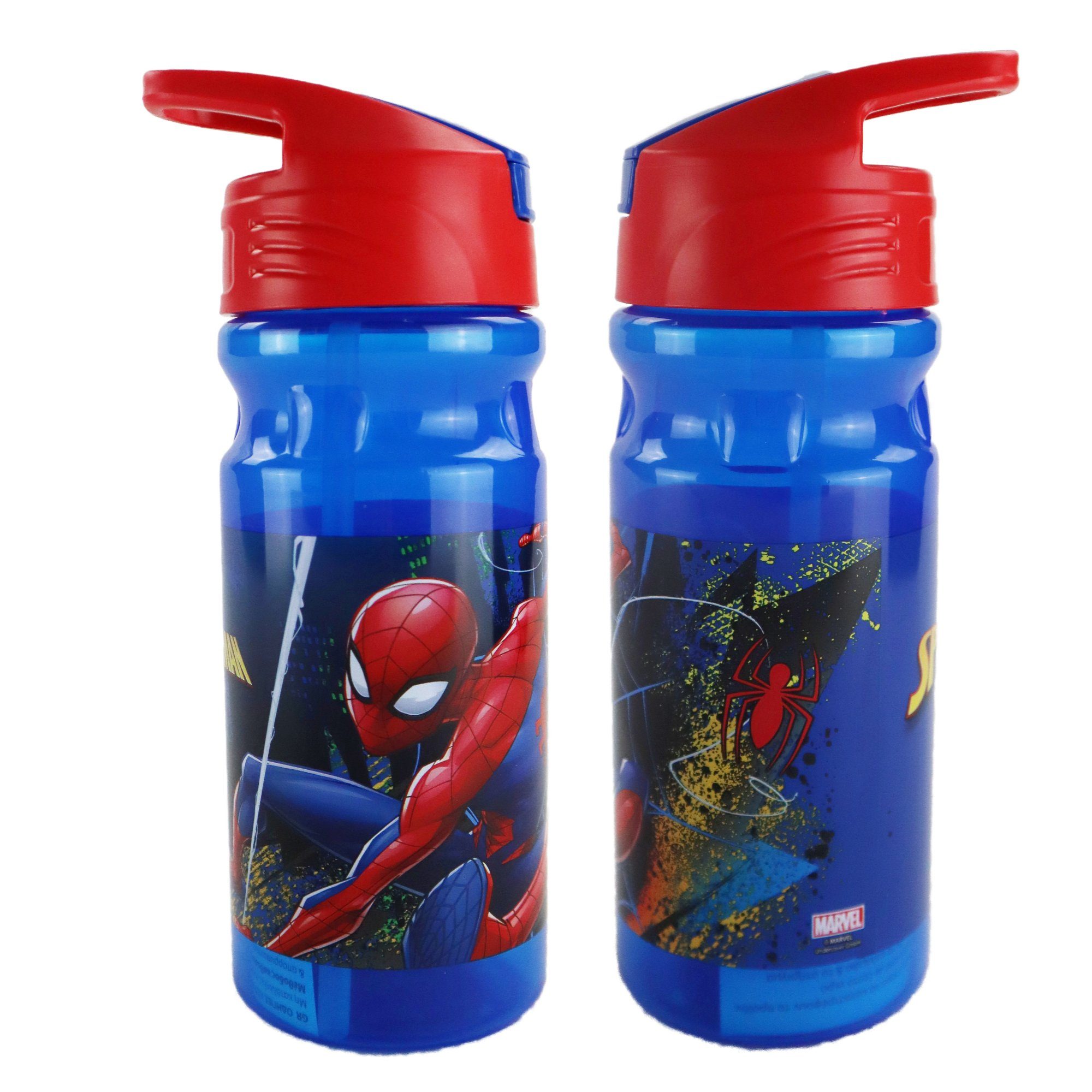 Wasserflasche, Trinkhalm ml und Marvel mit 500 Trinkflasche Flasche MARVEL Tragegriff Spiderman