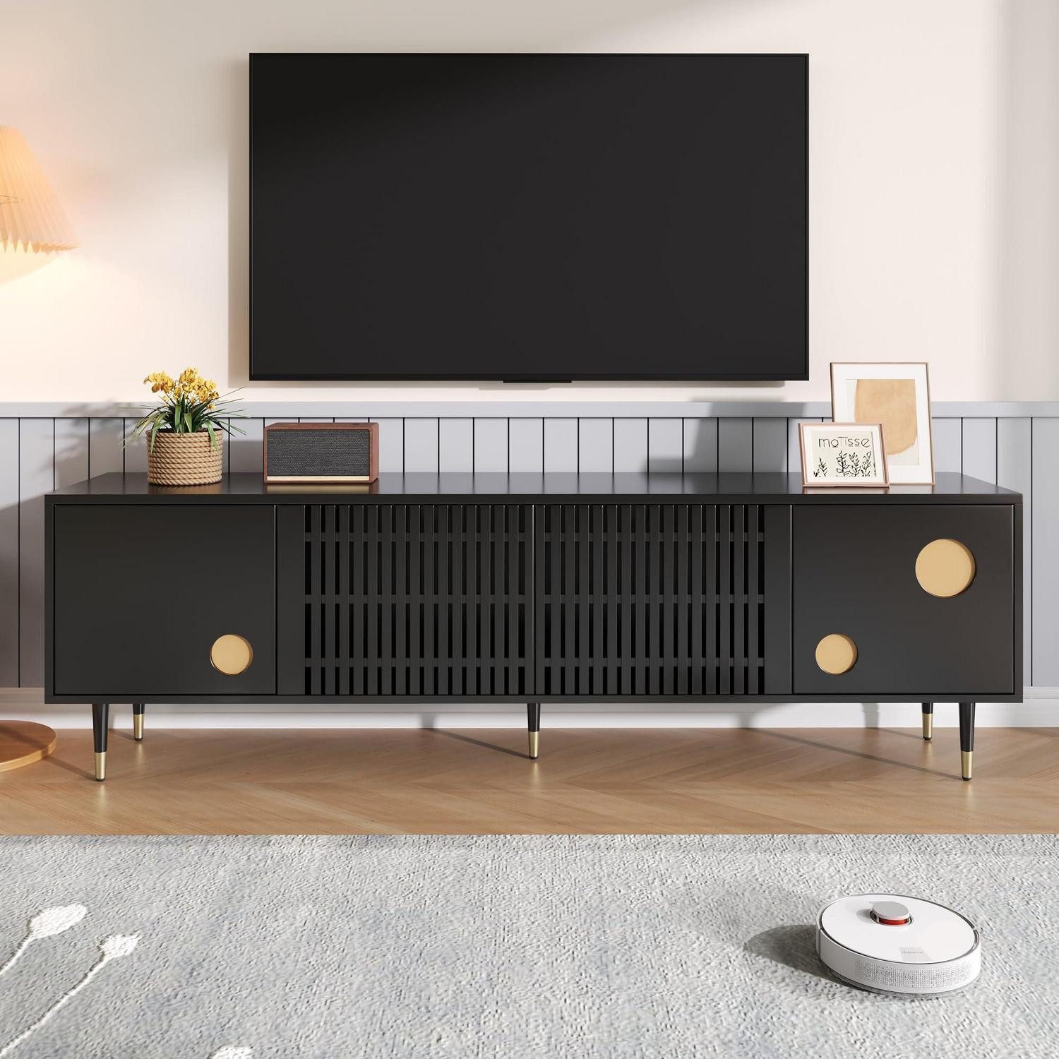 TV-Board Lowboard Wohnzimmer TV Möbel Massivholz Türen Schwarz(170x36x54cm)