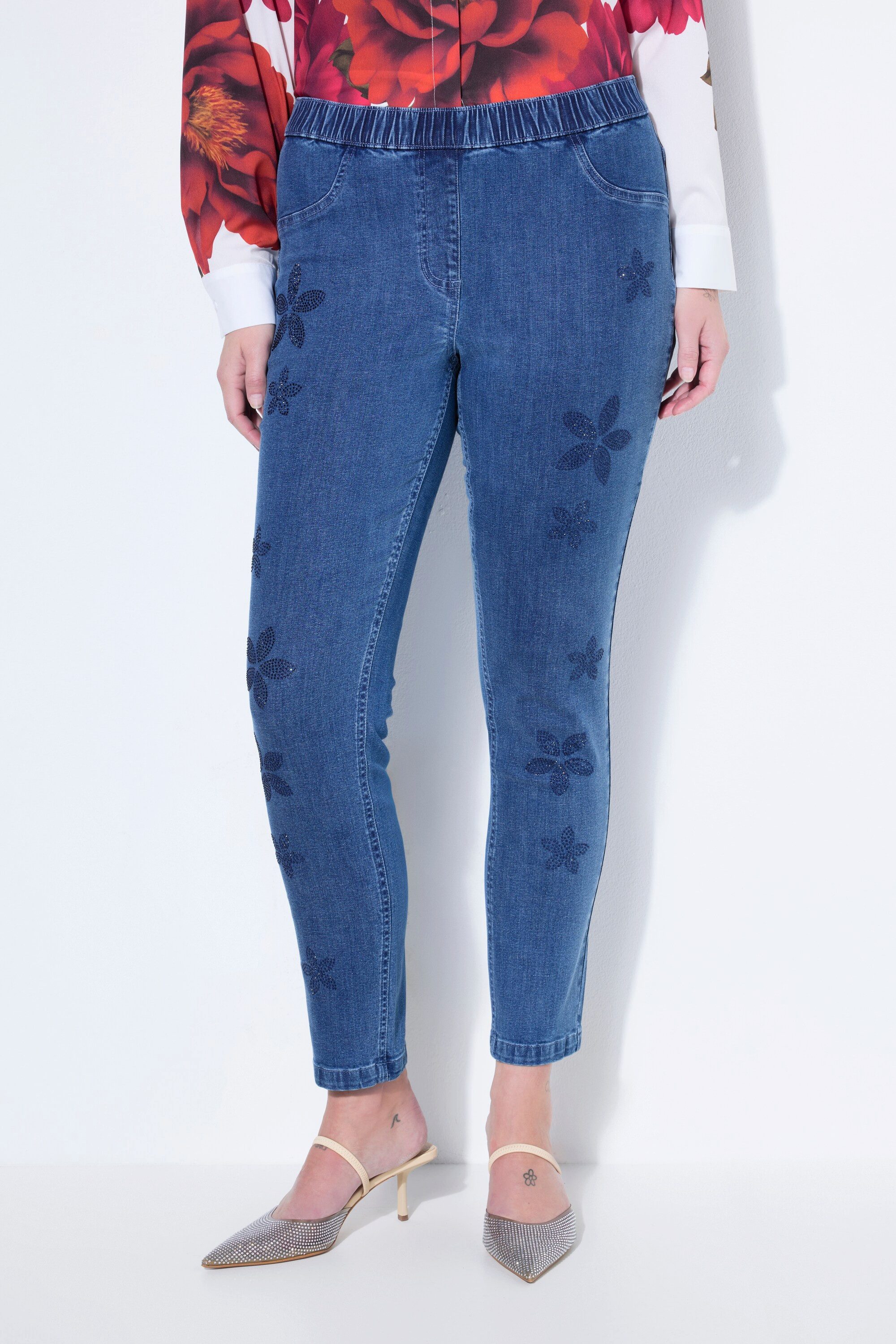 MIAMODA Regular-fit-Jeans Jeggings Skinny Fit Glitzersteinchen-Blumen