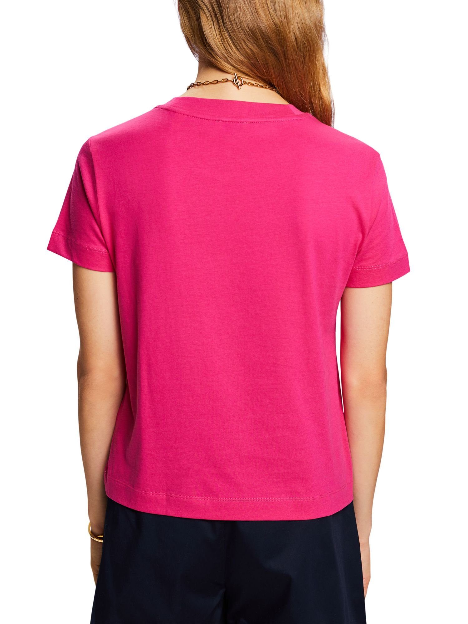 (1-tlg) Baumwoll-T-Shirt PINK T-Shirt mit Esprit FUCHSIA Rundhalsausschnitt