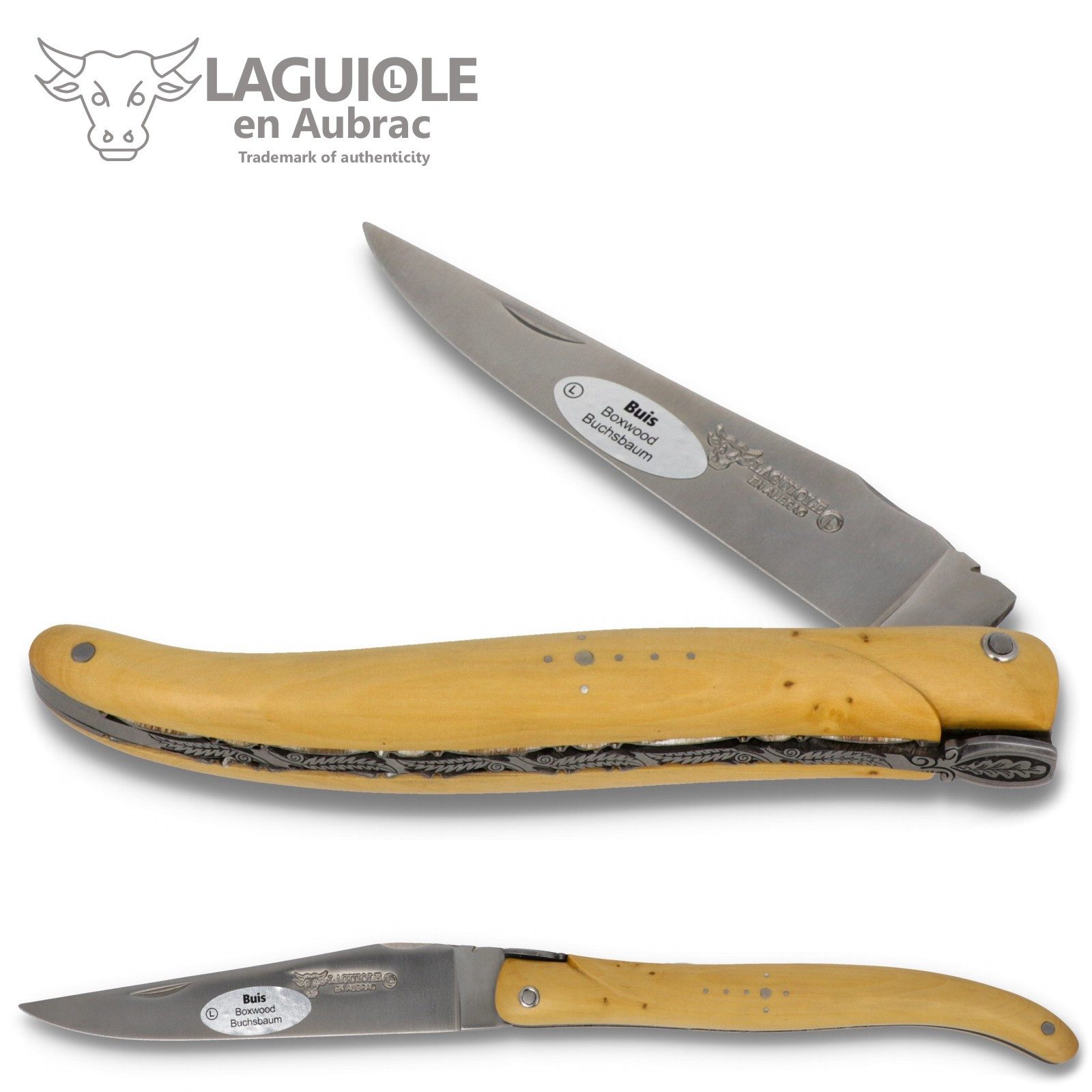 Laguiole en Aubrac Taschenmesser L0512BII-KSB1, Griff 12cm Buchsbaum - Verzierte Platine - Biene "Eichenlaub"