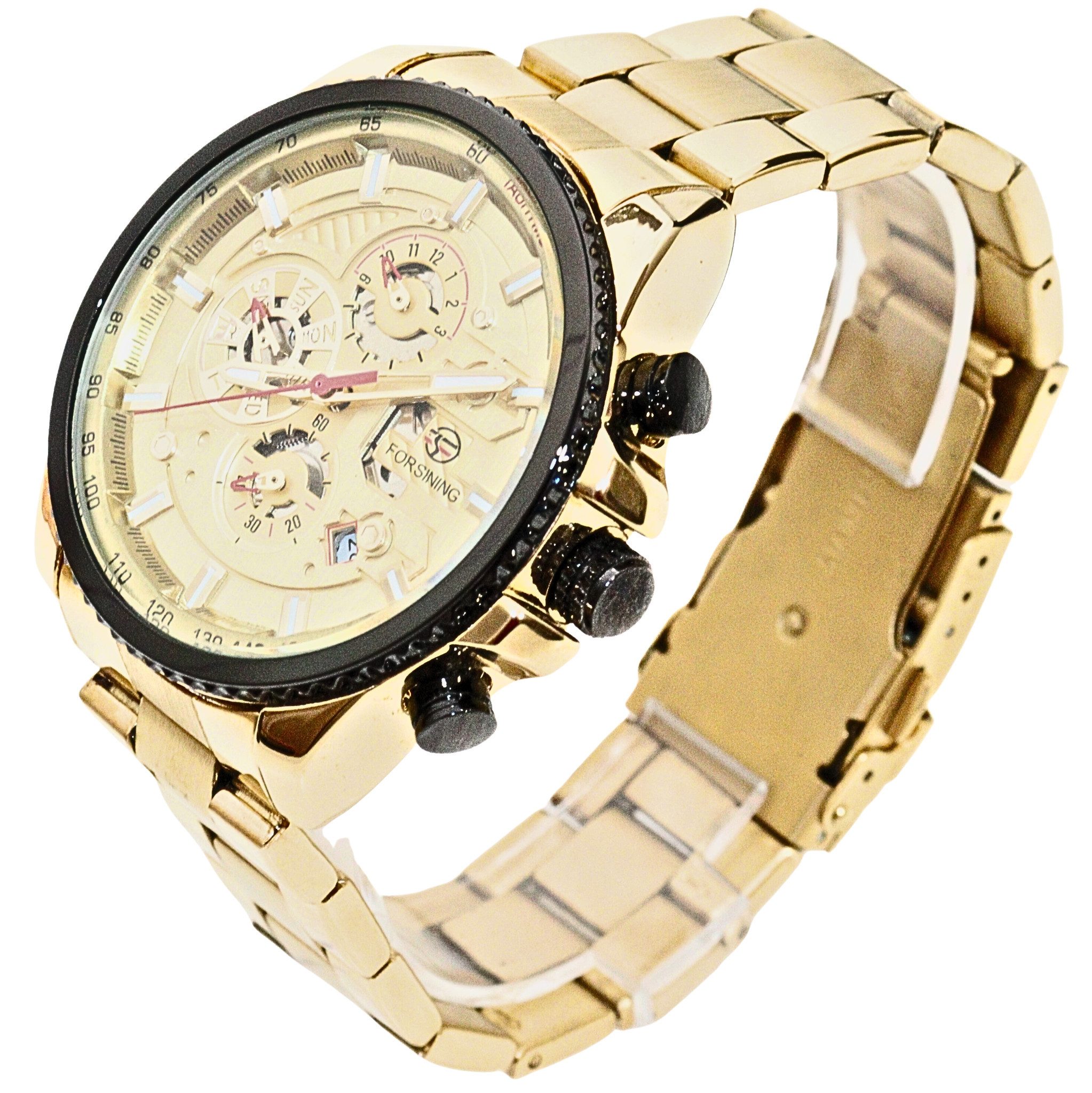 Rötting Design Automatikuhr Herrenuhr Automatikuhr Marke Forsining goldfarbenes Ziffernblatt, Datum Wochentag Monats Anzeige