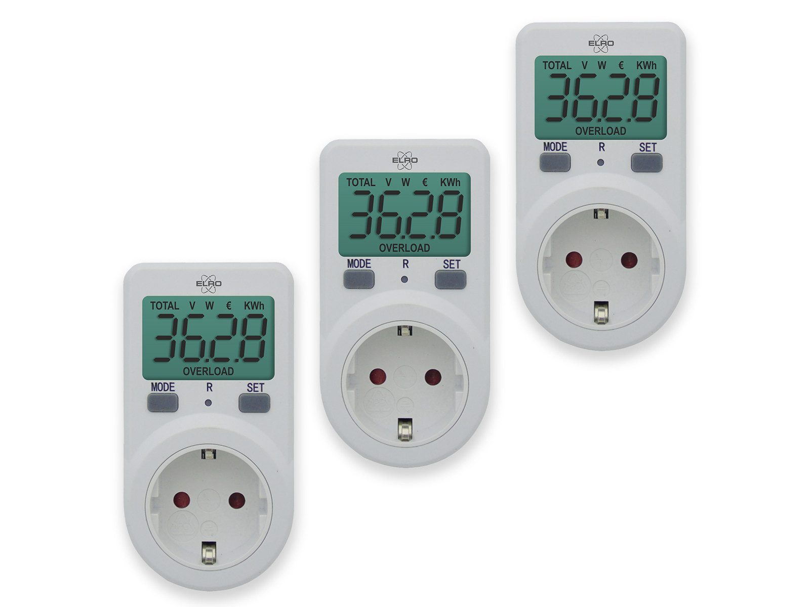 Elro Energiekostenmessgerät Strommesser für die Steckdose 3er Set, 3-tlg., 3er Set Energiemessgerät für die Steckdose Energiekostenmesser