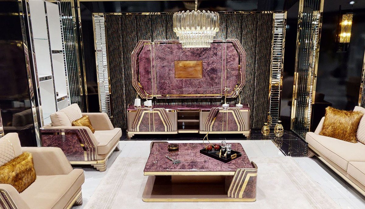 Casa Padrino TV-Schrank Luxus Art / TV Möbel Gold Wohnzimmer Prunkvolles Schrank Wohnzimmer Kollektion Lila - Rückwand - mit Grau Deco Sideboard Deco Art - TV / Luxus