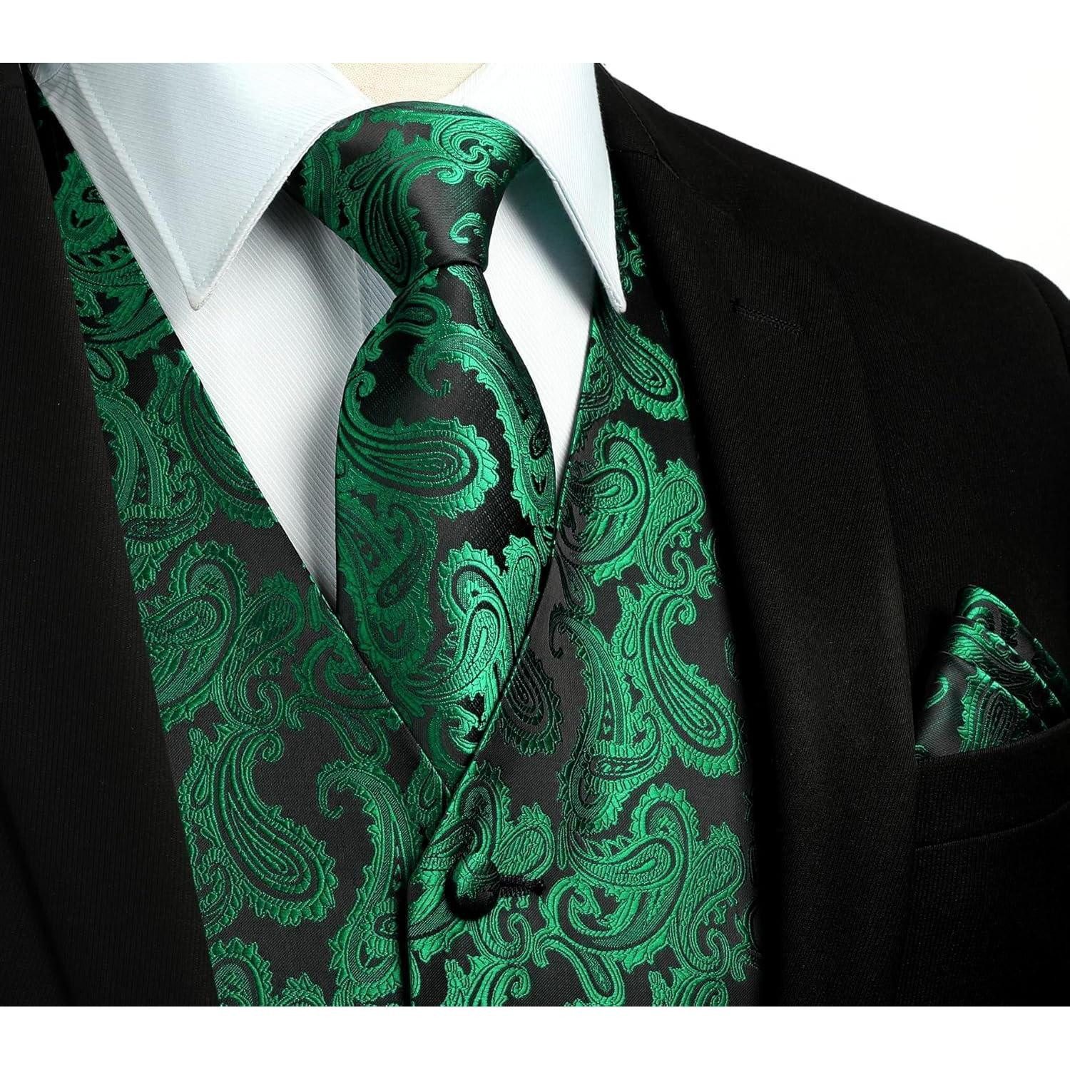 LuxusKollektion Krawatte Weste Set floral Hochzeit Krawatte Einstecktuch L Grün-2