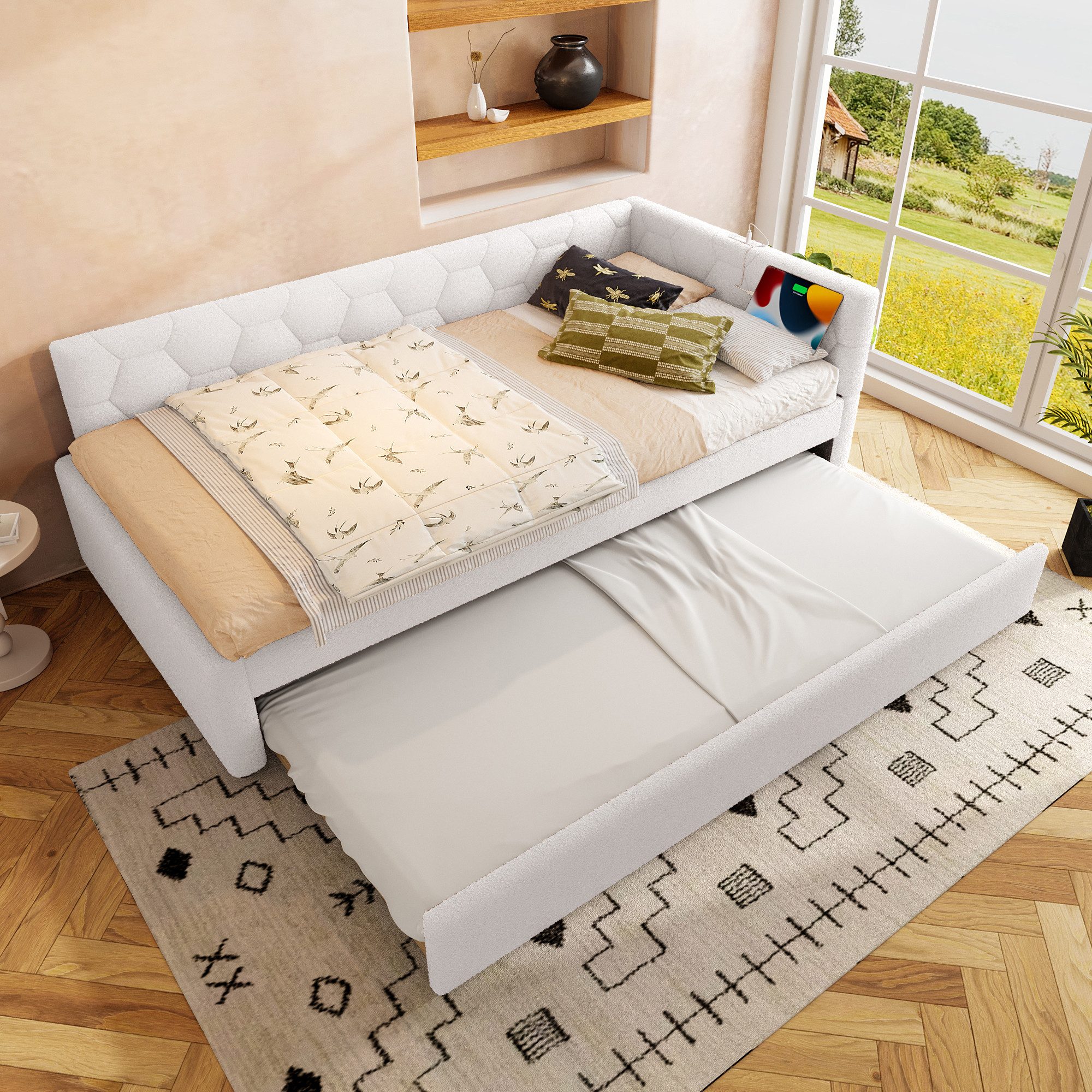 Odikalo Ausziehbett Daybett Polsterbett Tagesbett Schlafsofa mit USB 90/140x200 Weiß/Rosa