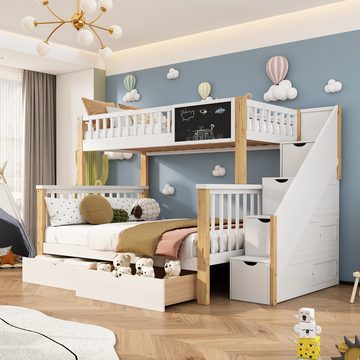 REDOM Etagenbett Kinderbett, mit Tafel Treppe Schubladen 90x200cm+140x200cm