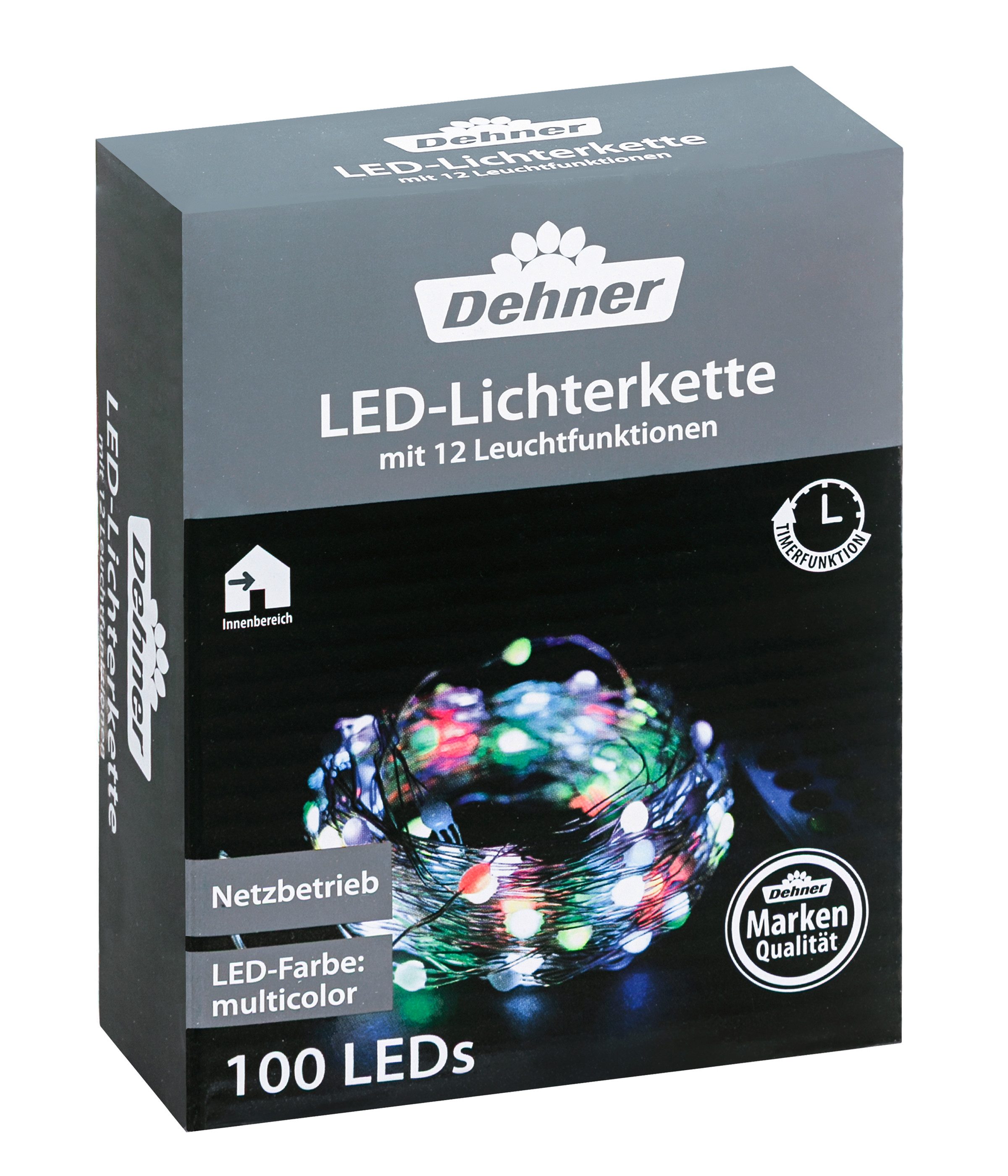 Dehner Lichterkette 100 bunte LEDs, 9 m, Leistung 3.6 W, Indoor, 100-flammig, inkl. Timer/Fernbedienung, IP-20