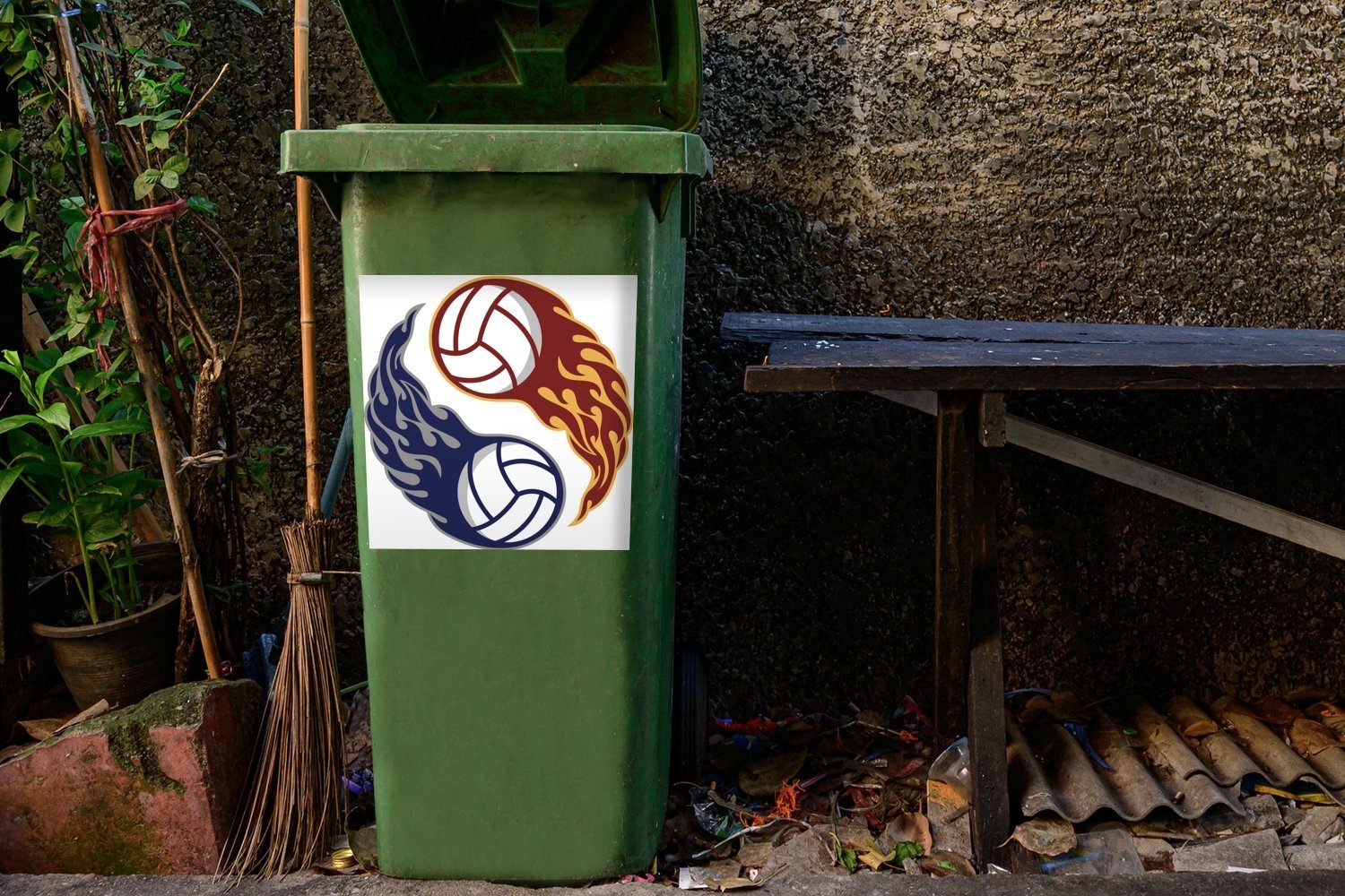 MuchoWow Wandsticker Eine Illustration Mülleimer-aufkleber, Abfalbehälter Yang St), und Mülltonne, Volleybällen brennenden Container, Sticker, (1 in zwei von Yin