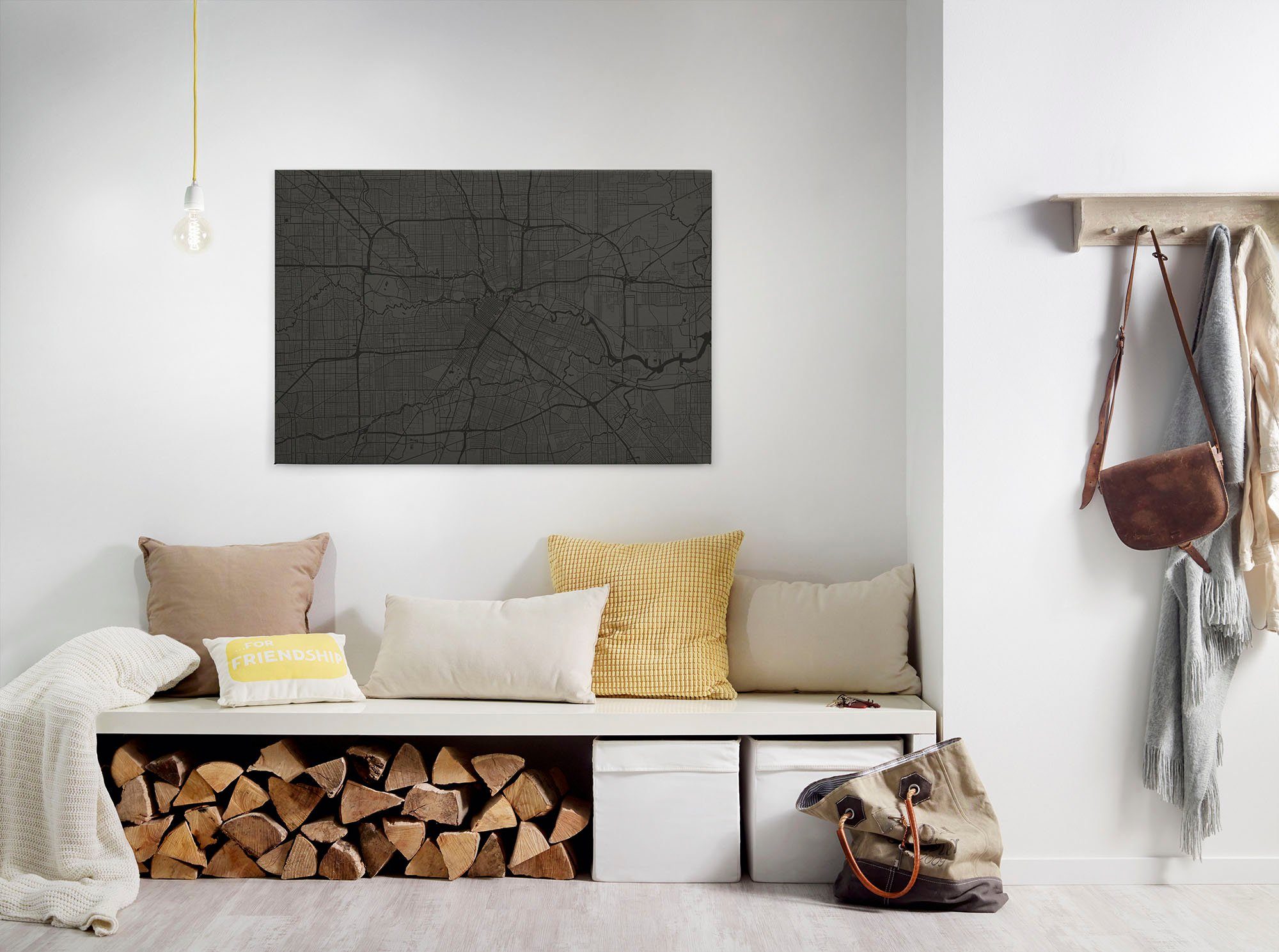 A.S. Création Leinwandbild metropolitan, Kinder, Kunst, Modern (1 St), Keilrahmen Stadtplan Karte Schwarz Leinwand-Bild Wohnzimmer modern