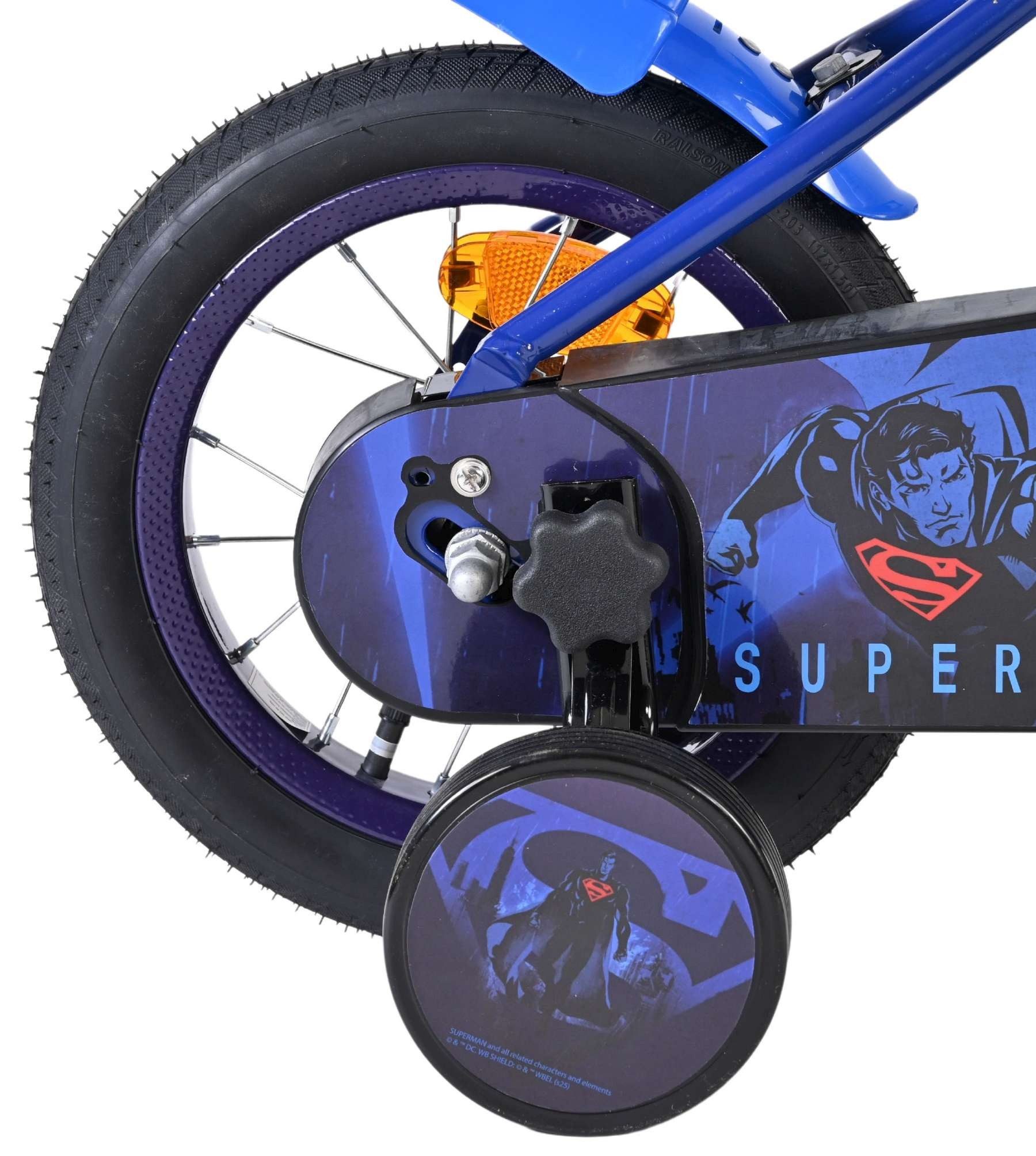 Volare Kinderfahrrad Superman 12 Zoll Jungen - Blau mit Handbremse & Rücktrittbremse, Geschlossener Kettenschutz, Luftreifen, Abnehmbare Stützräder