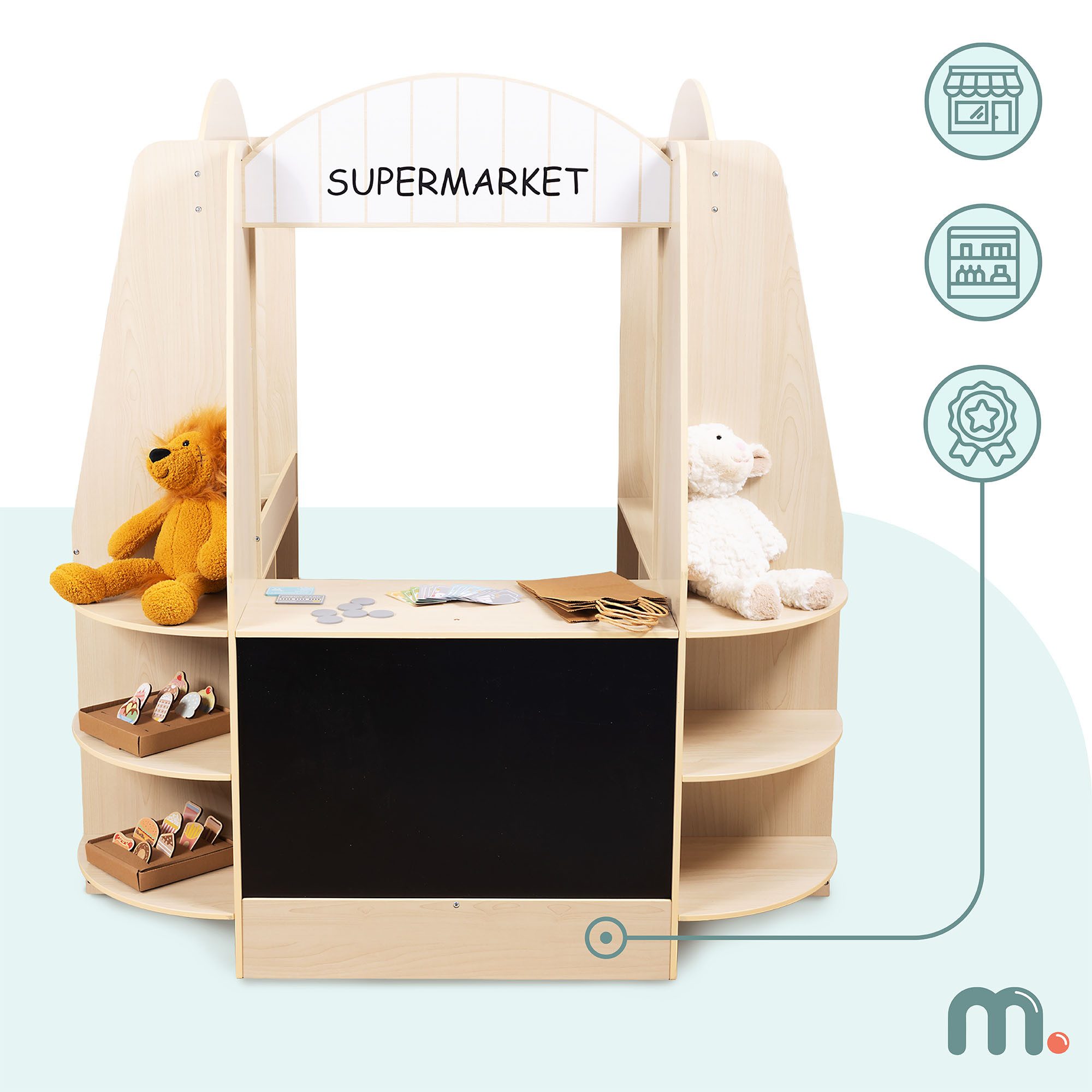 Mamabrum Spiel-Einkaufswagen XXL-Holz-Supermarkt für Kinder – 91-teiliges Einkaufs-Spielset, (91-tlg)