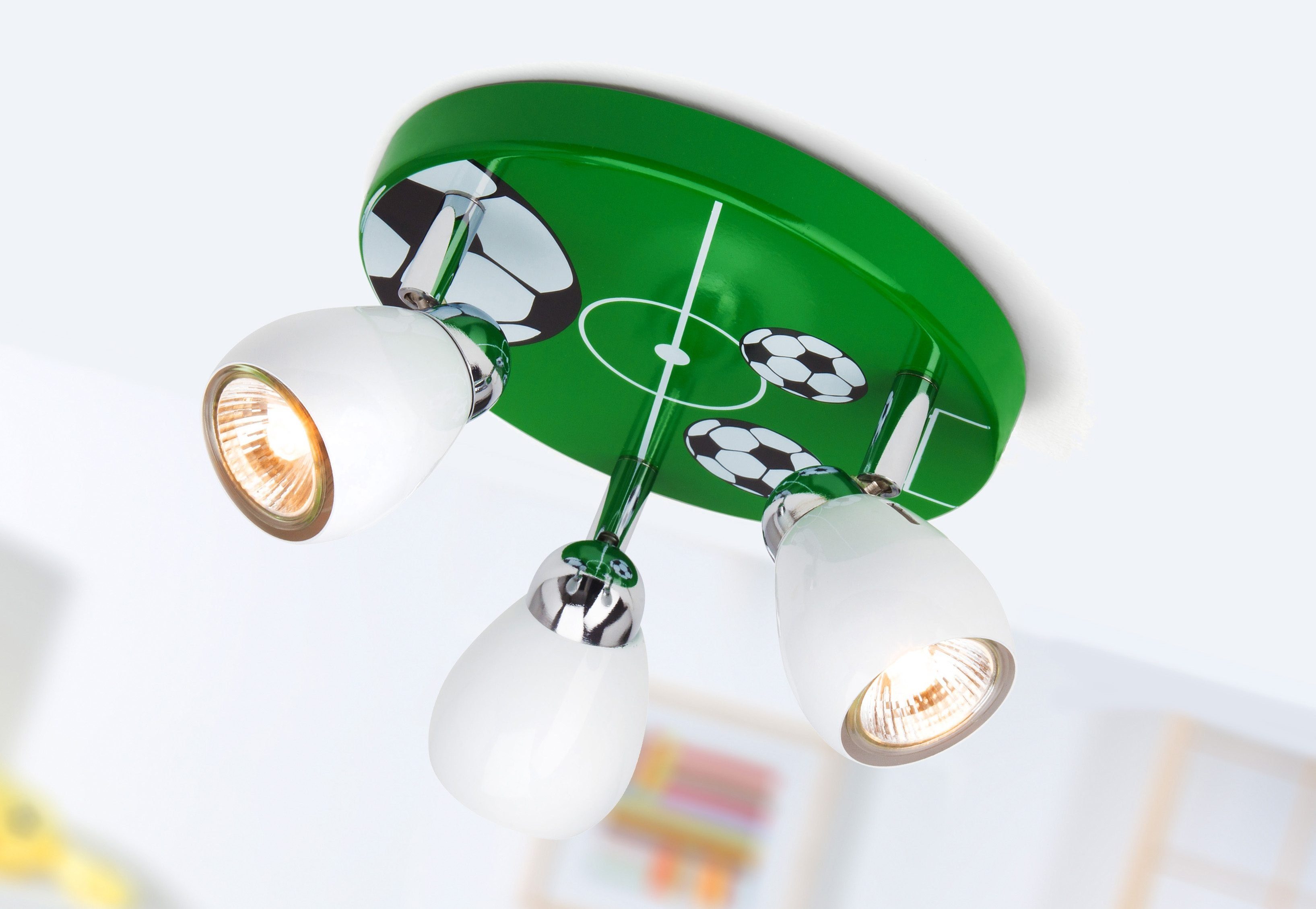 Brilliant LED Deckenstrahler SOCCER, LED wechselbar, Warmweiß, Spotrondell  weiß/grün-schwarz-weiß, 3 x GU10 max. 3W, 11cm Höhe