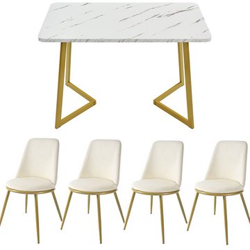 Celya Essgruppe Moderner Küchentisch Set, (Set, 5-tlg., Esstisch mit 4 Stühlen), Stuhlbeine aus Golden Metall,Samt Rundsitze