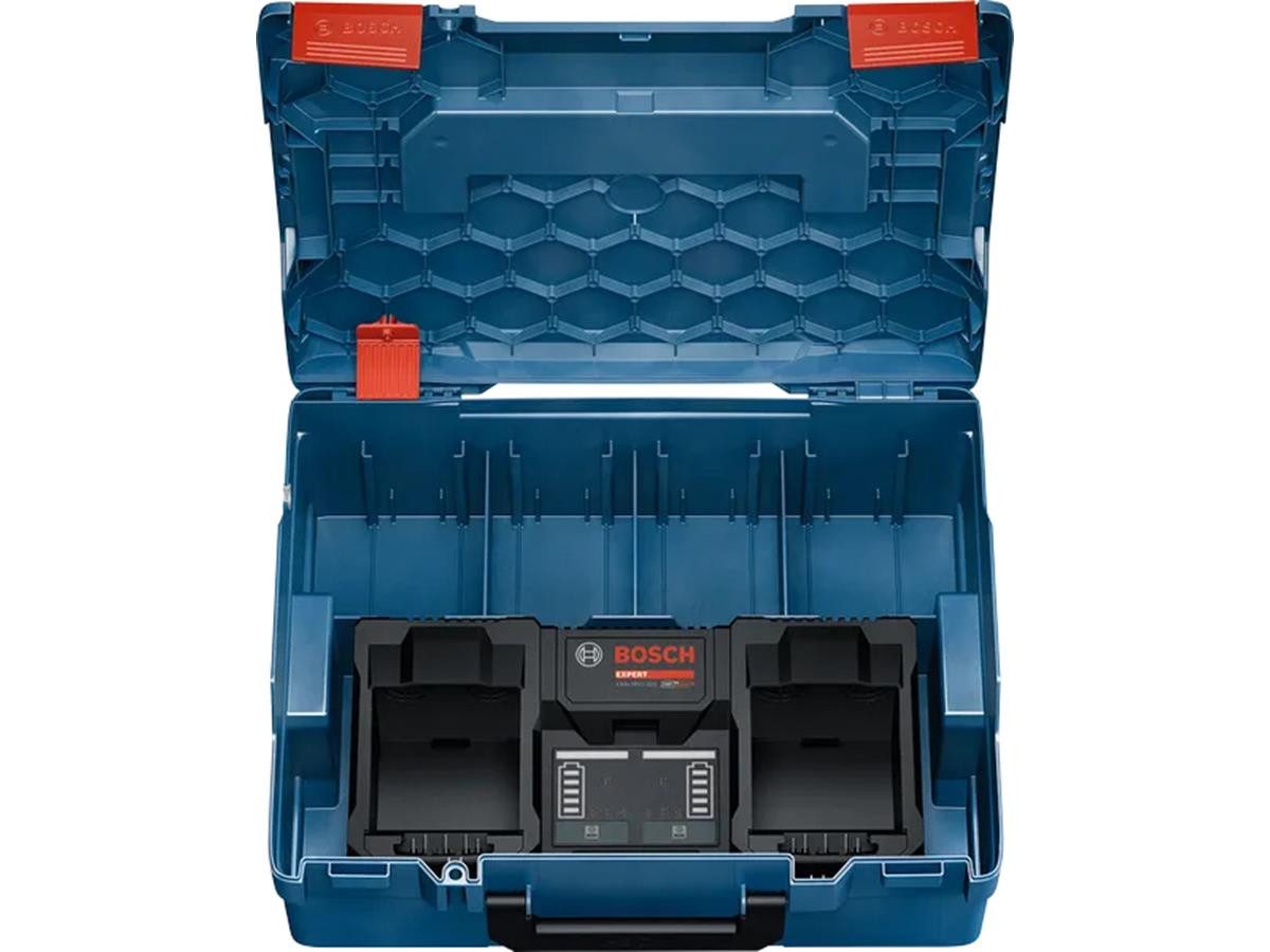 BOSCH Doppel EXPERT EXAL 18V2-320 Ladestation (Ladegerät-Set mit L-BOXX, Doppelladegerät inkl. L-BOXX, ohne Akkus, Ultraschnelles 16-A-Parallelladen, Kühlung und 3 Lademodi)