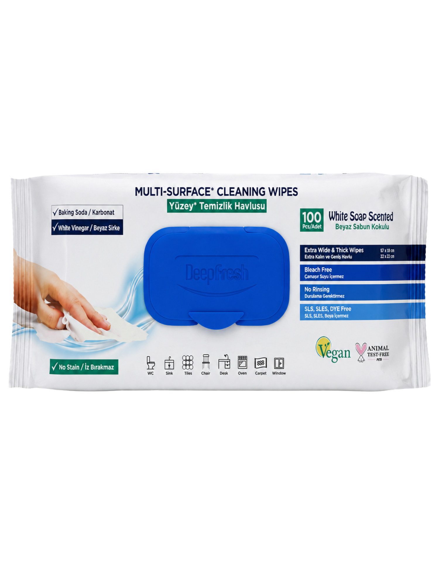Deep Fresh Multi-Surface Reinigungstücher Weißer Seifenduft 100 Stk Reinigungstücher (Vliesstoff, Einzelpackung, 100 Reinigungstücher, Mit Backpulver, weißem Essig, extra stark, streifenfreie Reinigung)
