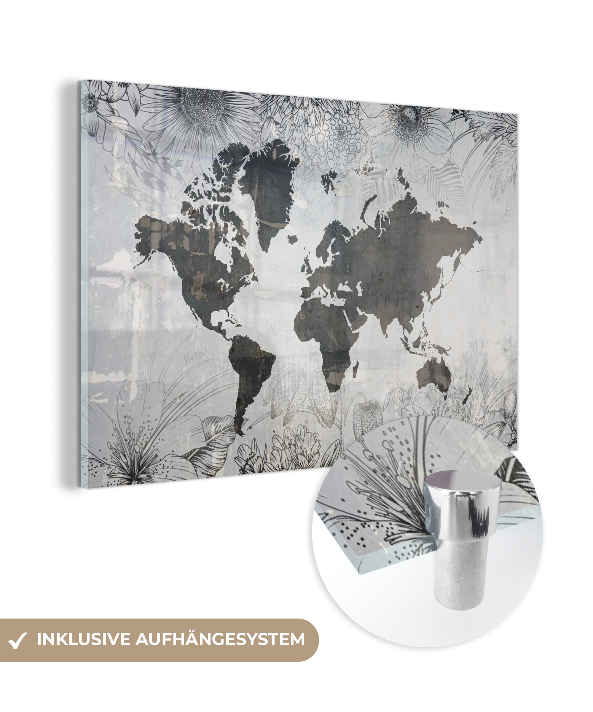 MuchoWow Acrylglasbild Weltkarte - Blumen - Holz, (1 St), Glasbilder - Bilder auf Glas Wandbild - Foto auf Glas - Wanddekoration