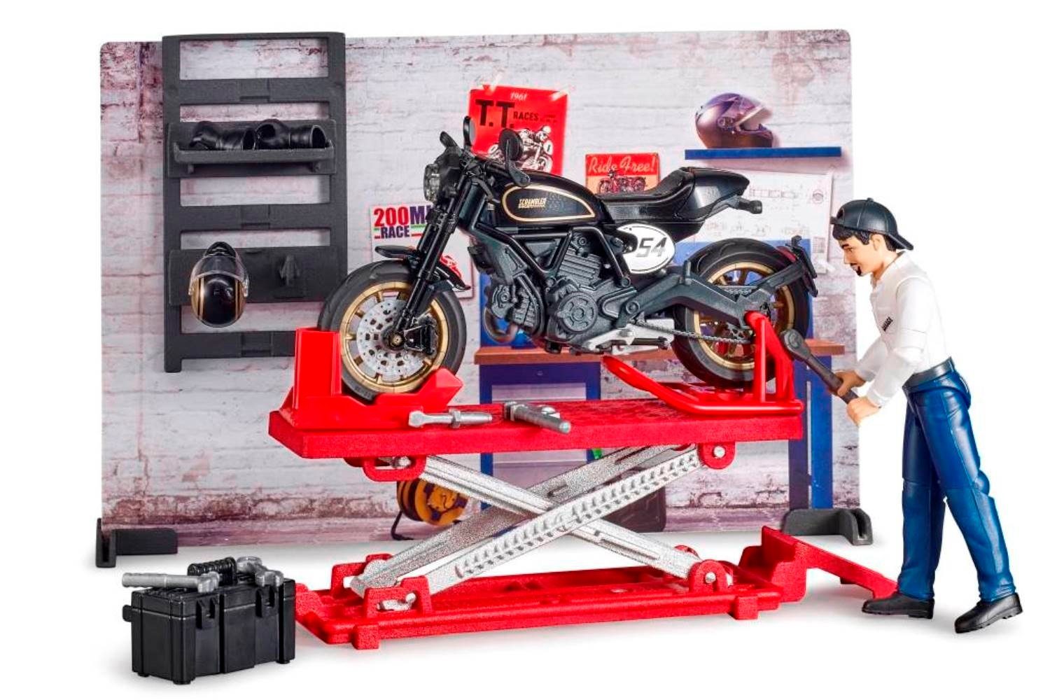 Scrambler Spielzeug-LKW Stellfüße bworld Motorrad-Werkstatt Bruder® Cafe Ducati detailgetreue Racer, mit Hebebühne, Motorrad, 62101