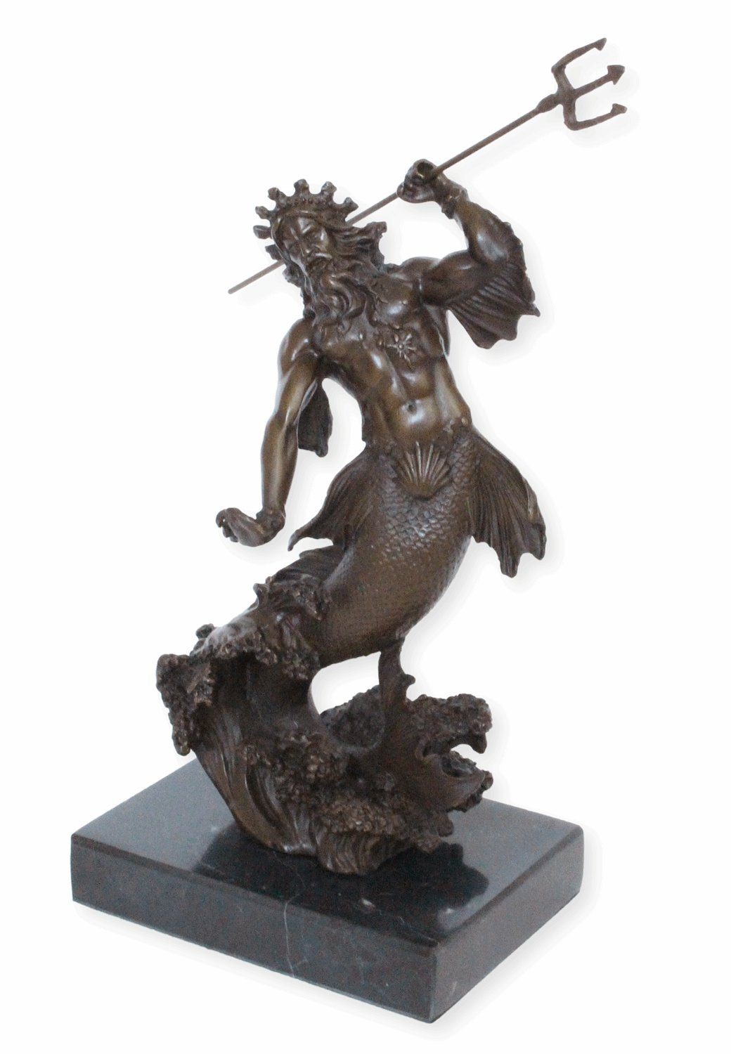 JS GartenDeko Dekofigur Bronzefigur H cm 30 Bronzeskulptur Poseidon Marmorsockel auf Bronze