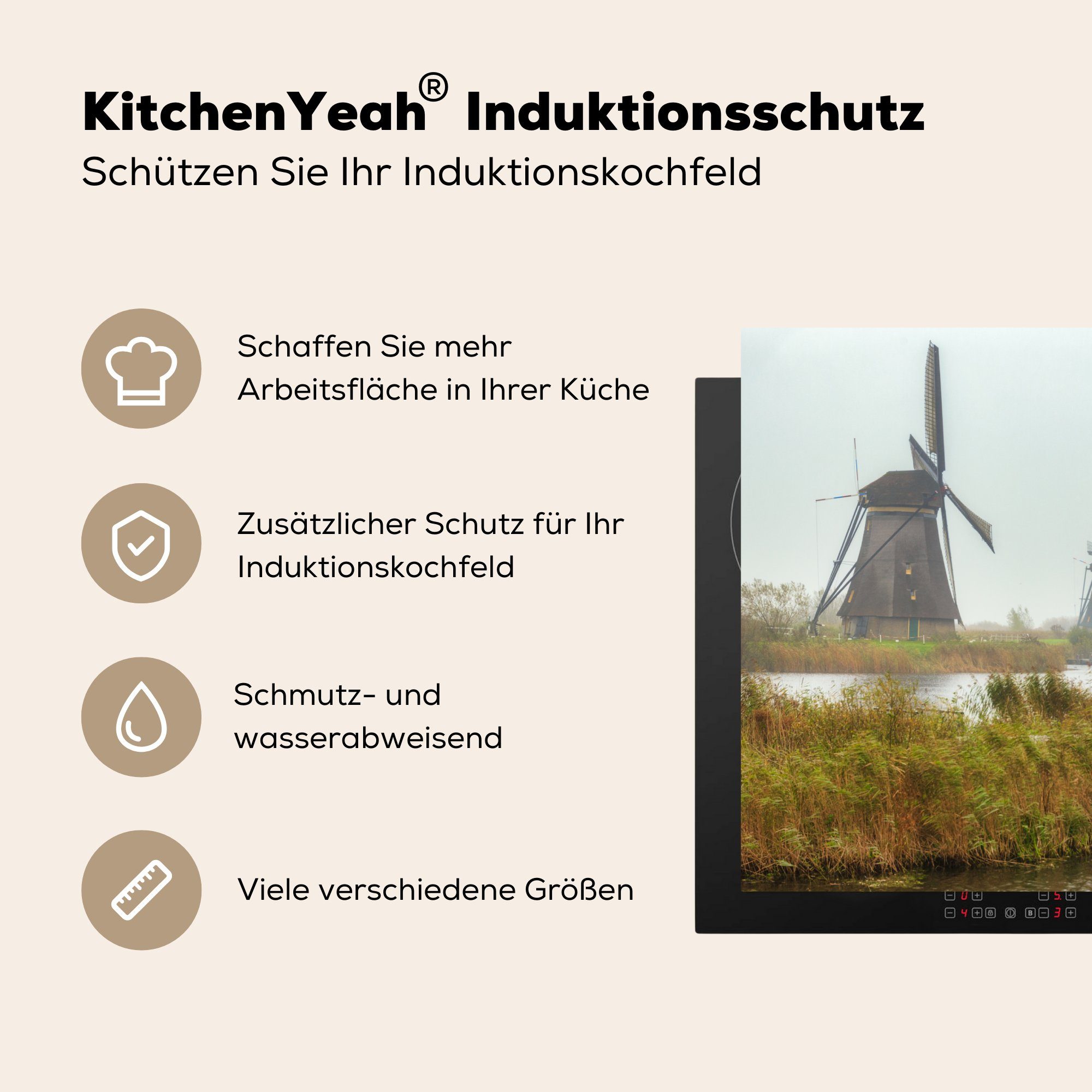 MuchoWow den Vinyl, Arbeitsfläche cm, Niederlanden, Mobile von tlg), Windmühlen Herdblende-/Abdeckplatte jahrhundertealten (1 Kinderdijk Ceranfeldabdeckung nutzbar, Die in 70x52