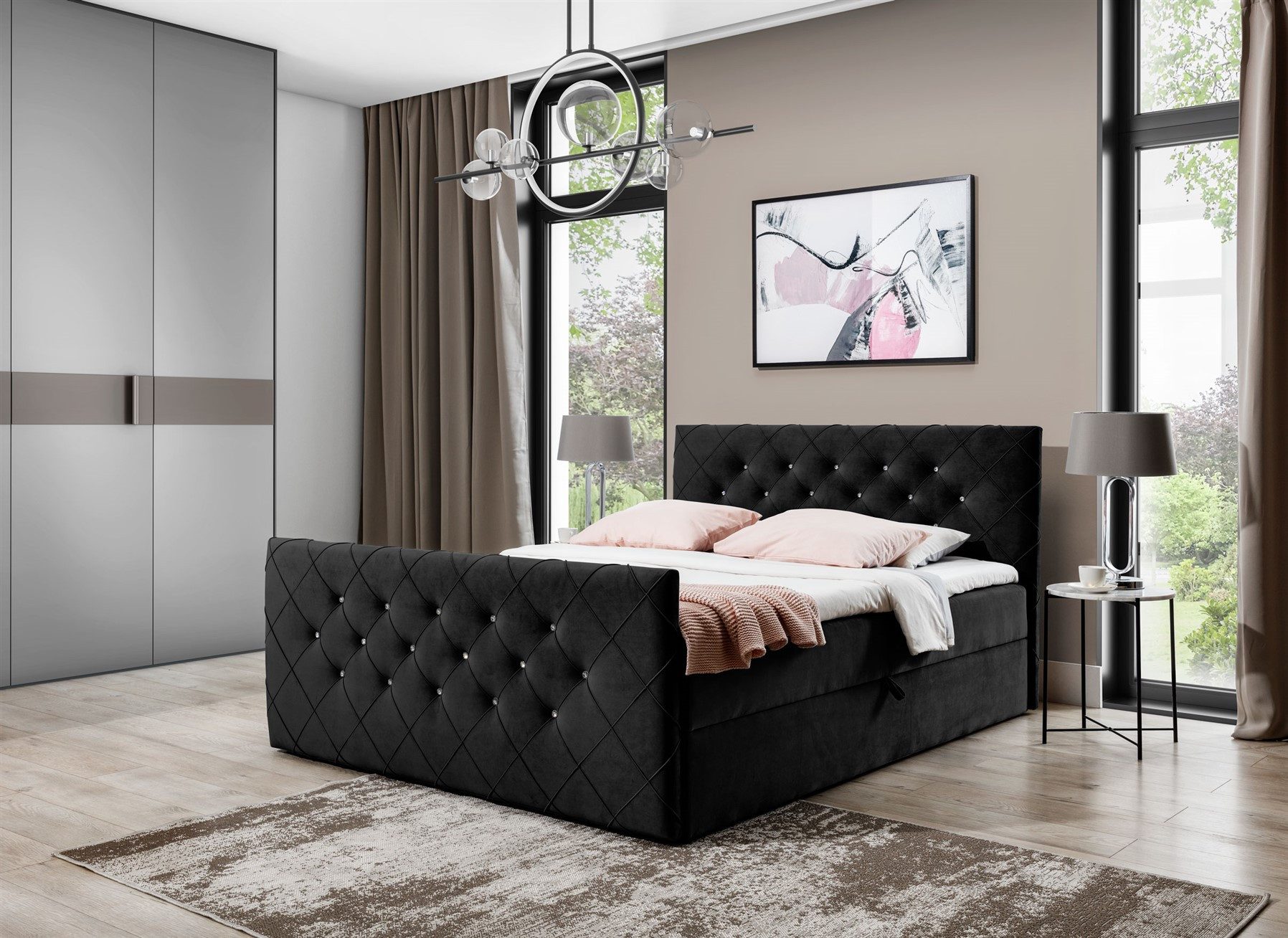 Fun Möbel Boxbett Schlafzimmerbett FUN ANDREN Stoff Magic Velvet (Kopfteil und Fußteil mit Strasssteinen besetzt, Erhältlich auch in der Überlänge 220 cm), Inkl. Bettkasten und Topper