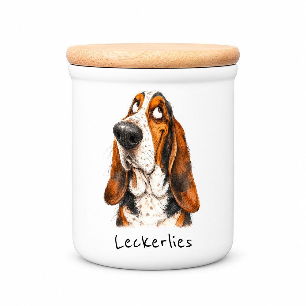 Cadouri Vorratsdose BASSET HOUND - Leckerlidose Hund - für Hundekekse, Keramik, (Leckerlidose mit Hunderasse, 2-tlg., 1x Keramikdose mit Holzdeckel), Hundekeksdose, handgefertigt in Deutschland, für Hundebesitzer, 400 ml