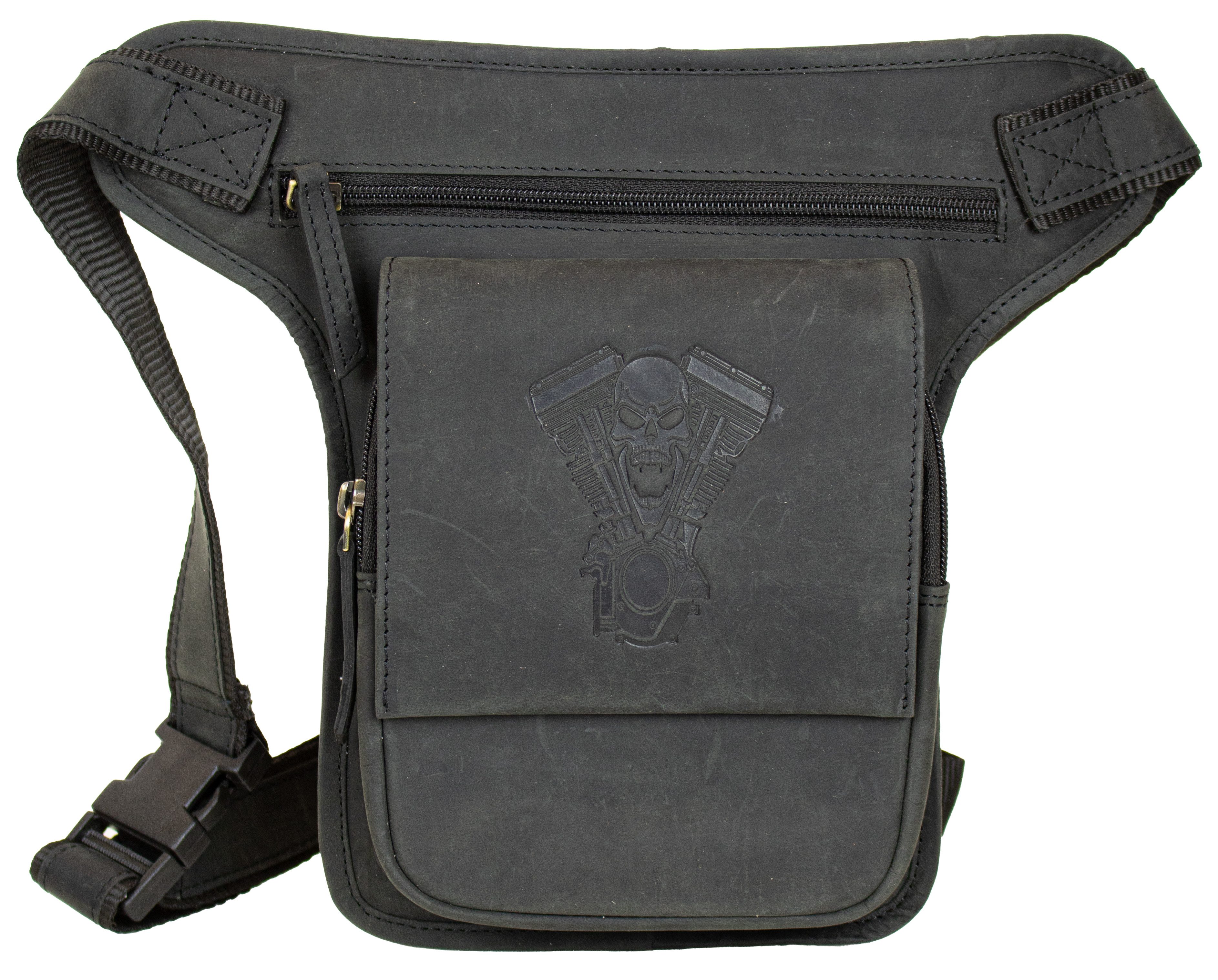MDM Beintasche Biker Beintasche Hüft-, Gürteltasche mit Totenkopf Motorblock-Prägung, Im Vintage Look bearbeitet