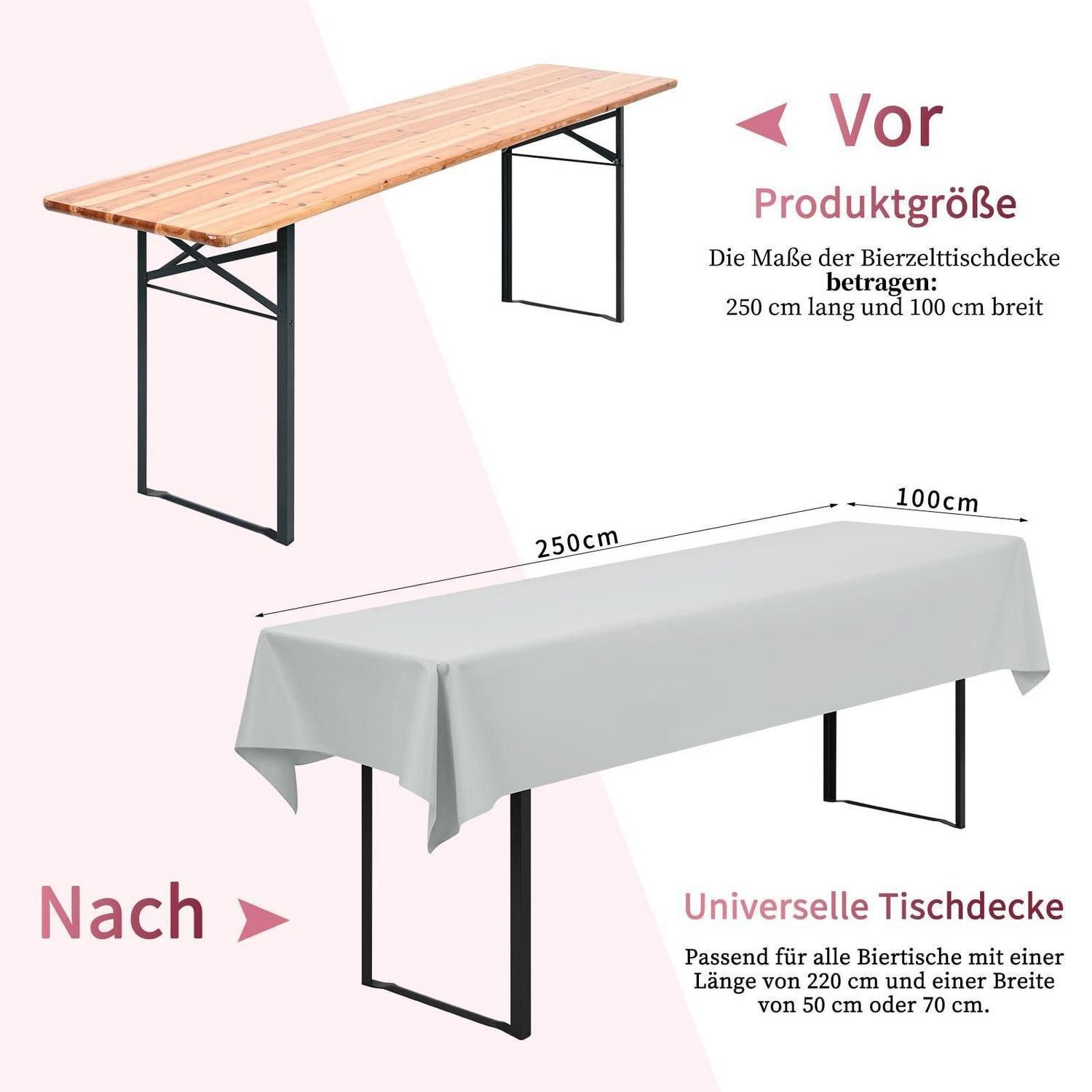 LuxusKollektion Tischdecke Biertischdecken 6er-Set Hellgrau 250x100cm, Strapazierfähig, knitterarm, farbbeständig, schnell trocknend für jeden Anlass