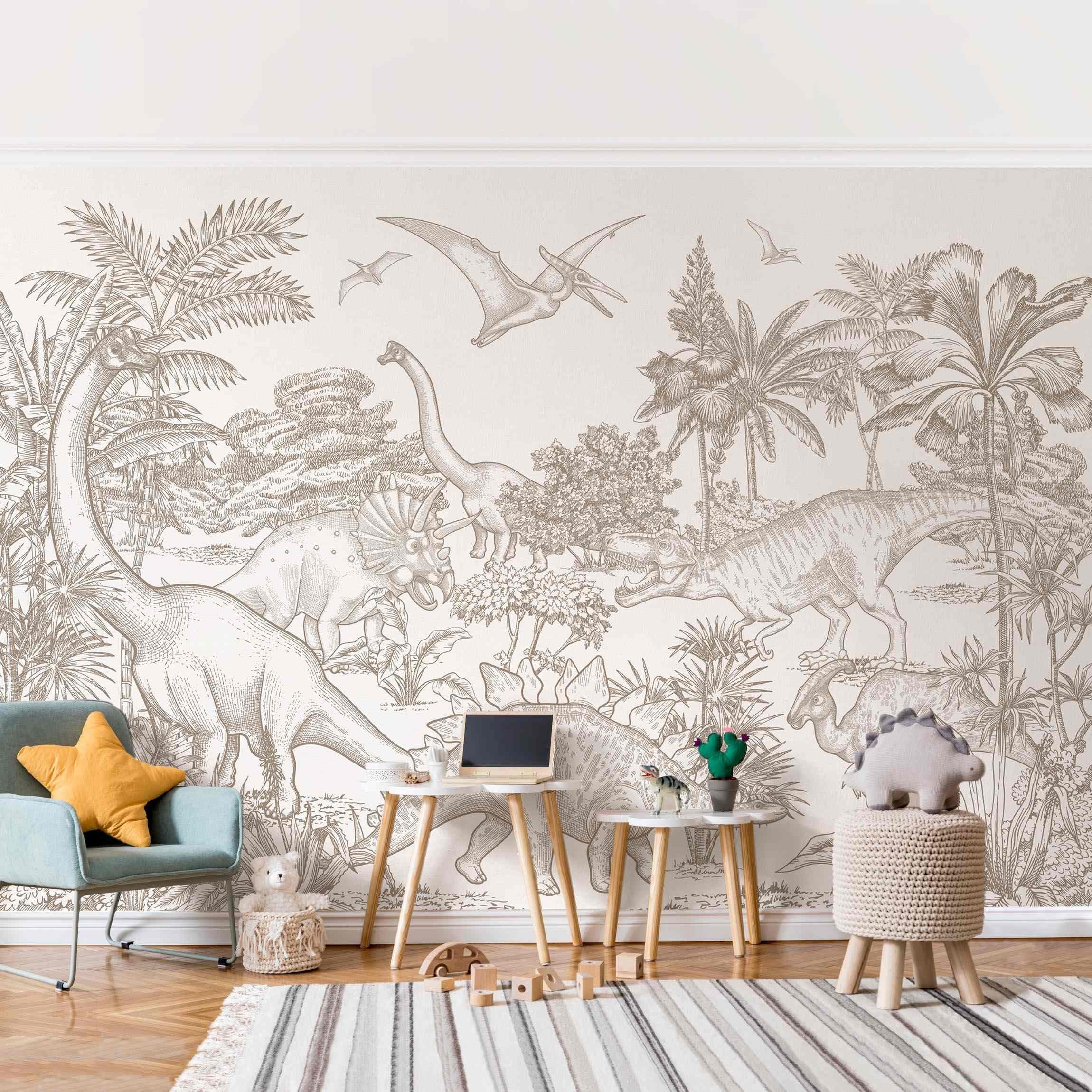 Bilderdepot24 Kindertapete Dinosaurier Welt Sepia Illustration Kinder Retro günstig online kaufen