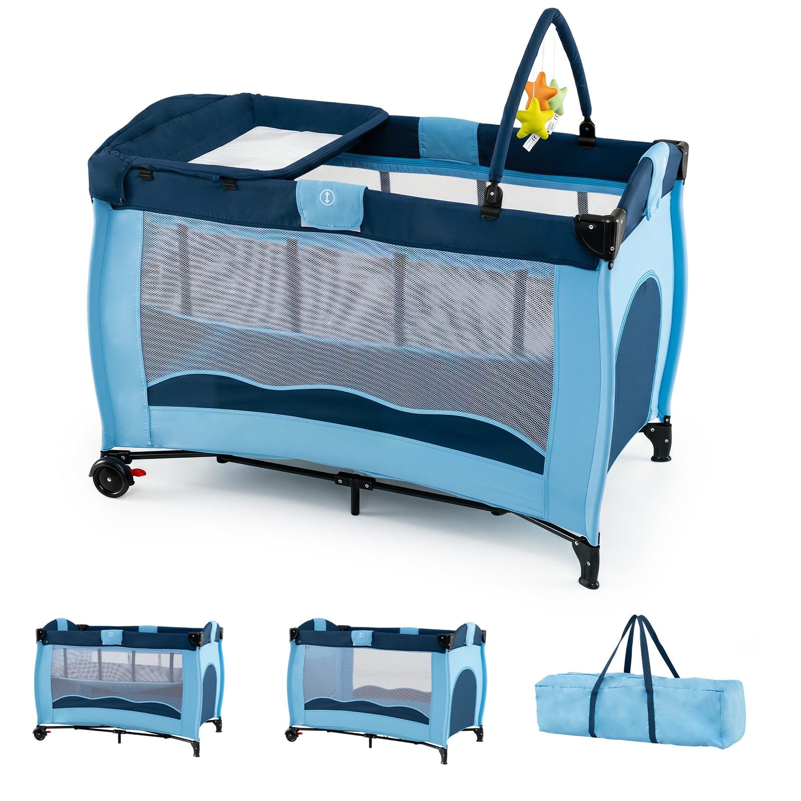 COSTWAY Baby-Reisebett 4 in 1 Beistellbett, Reisebett, Babybett mit Matratze, Wickeltisch