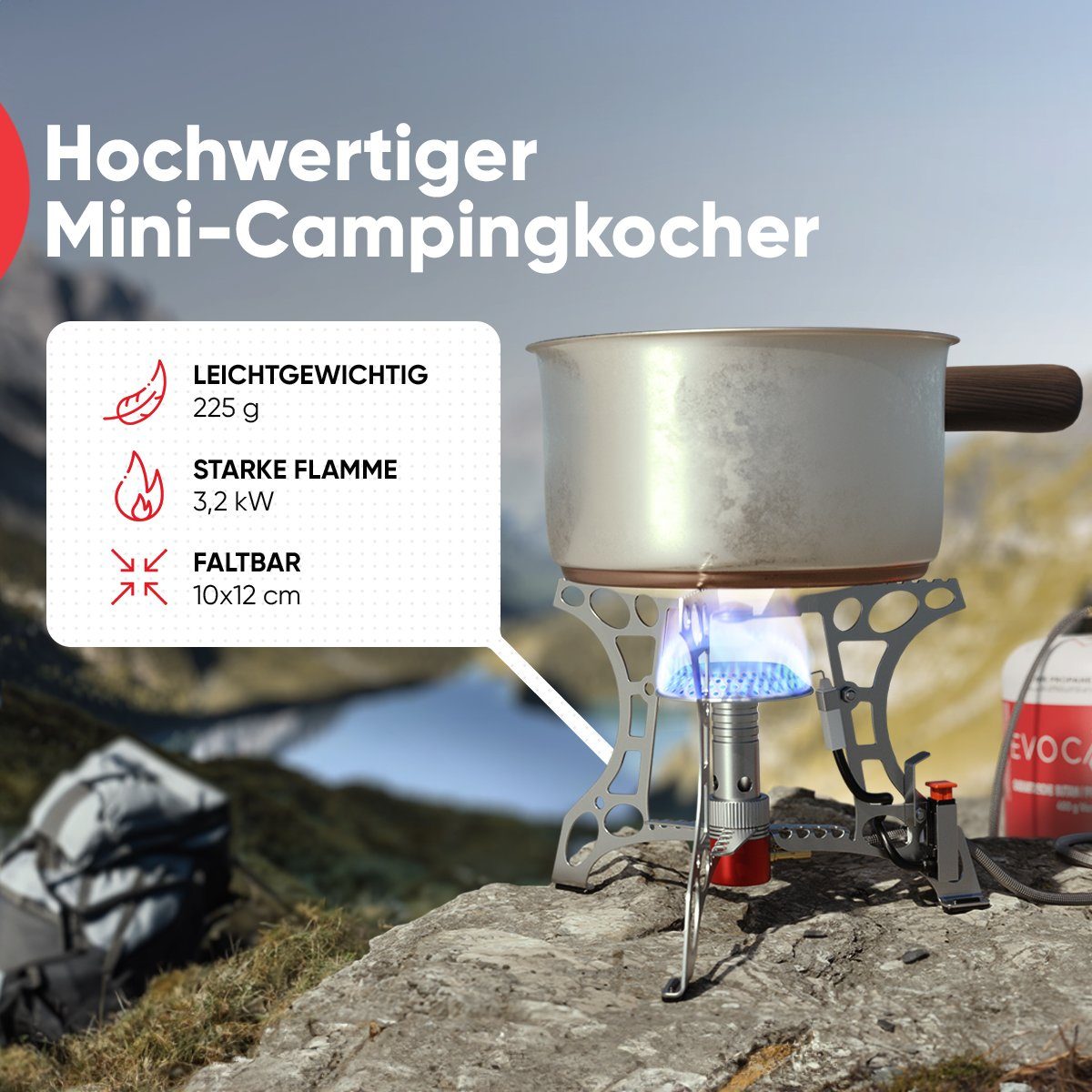 kW Gaskocher Stove, Gaskartuschen Piezo-Zünder, EVOCAMP Outdoor, für mit ohne ideal 3.2 Mini Camping