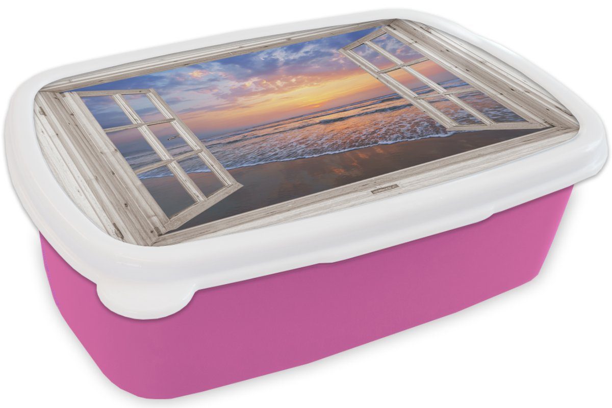 MuchoWow Lunchbox - Sonnenuntergang Snackbox, (2-tlg), Kunststoff, - für Erwachsene, Kunststoff Brotdose rosa Strand Aussicht - Brotbox Blau, - Mädchen, Kinder, Meer