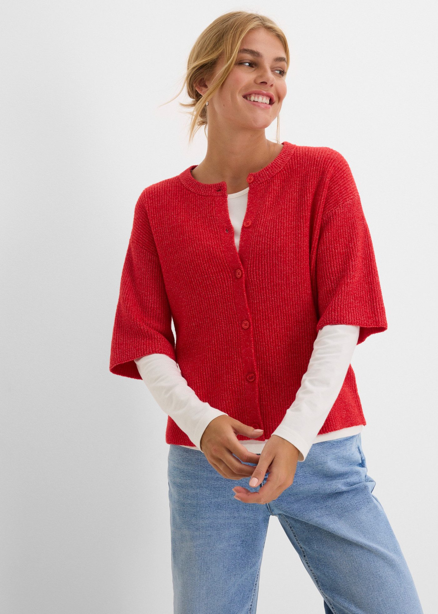 bonprix Strickjacke mit Knopfleiste, Oversize-Passform, Halbarm, im Casual-Stil