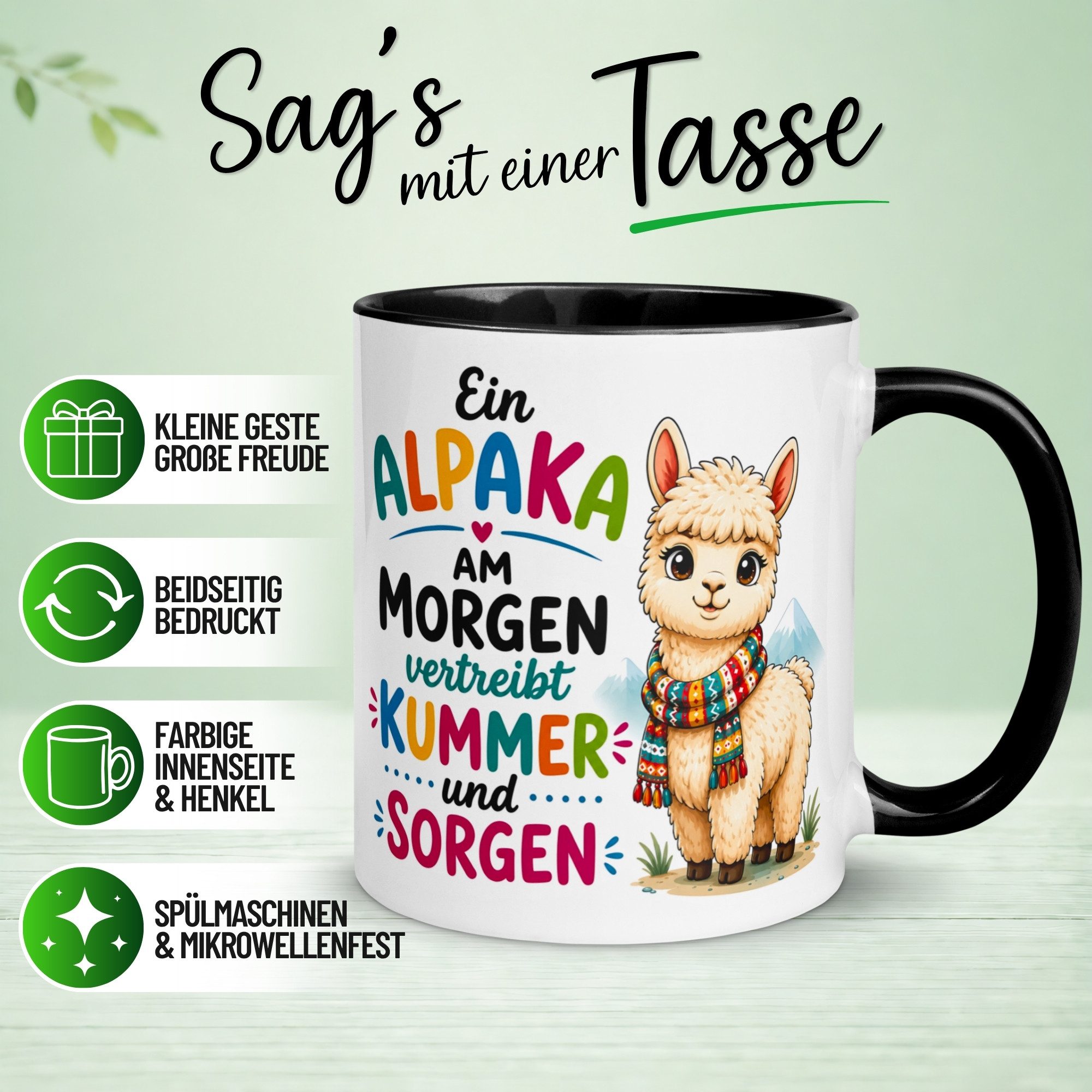 Momentals Tasse Alpaka – „Ein Alpaka am Morgen“ – lustiger Lama Geschenk Becher, Gratis Versand · Links-&Rechtshänder · Spülmaschinenfest