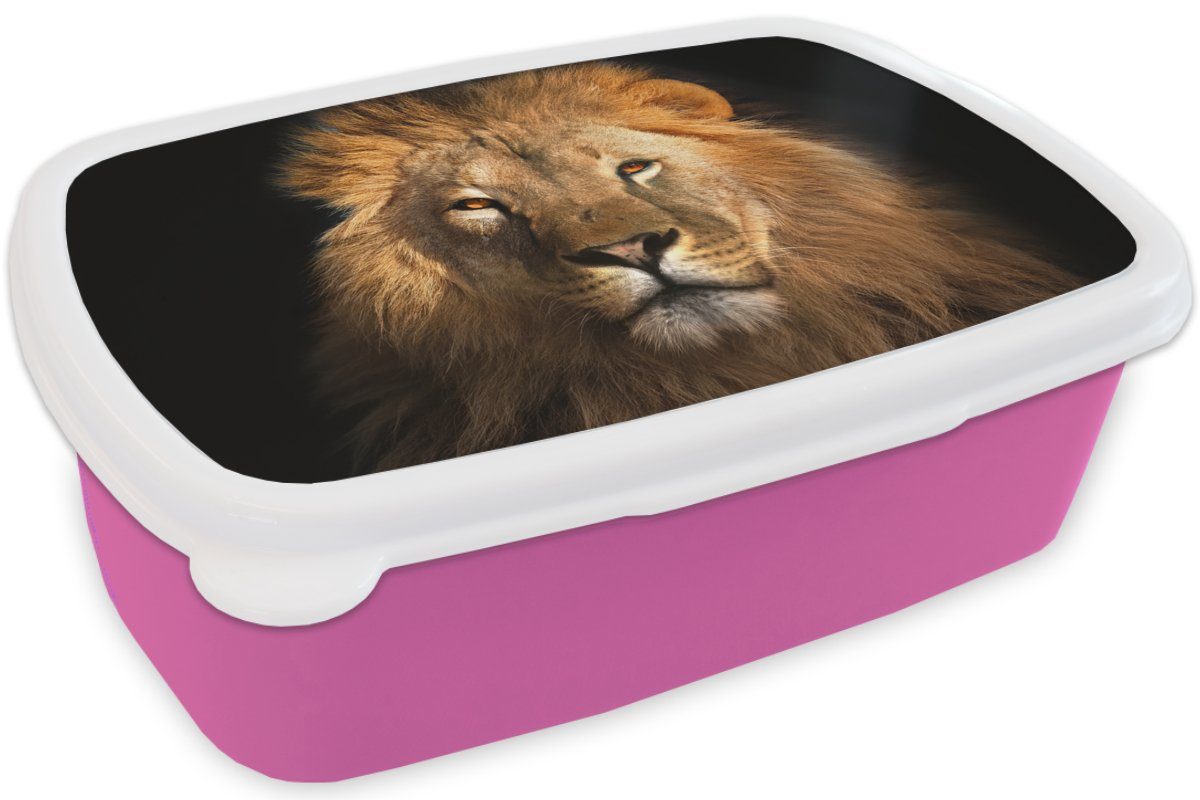 MuchoWow Lunchbox Löwe - Tiere Mädchen, Porträt, - Schwarz Kinder, Brotbox für Hell Snackbox, Braun Brotdose rosa Kunststoff, Kunststoff - - (2-tlg), Erwachsene, 