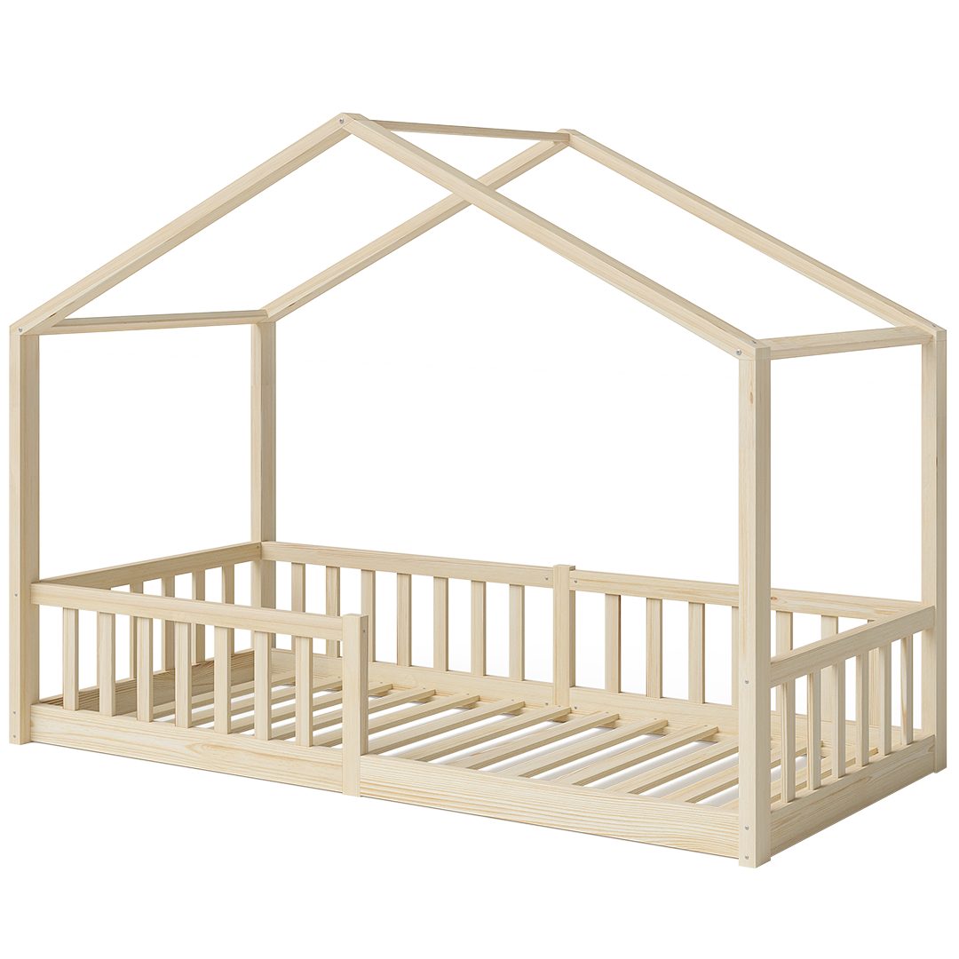 Bellabino Hausbett Kinderbett Bia mit Lattenrost (natur, optional mit Matratze), Bodenbett mit Rausfallschutz, verfügbar in 80x160 & 90/120/140x200 cm