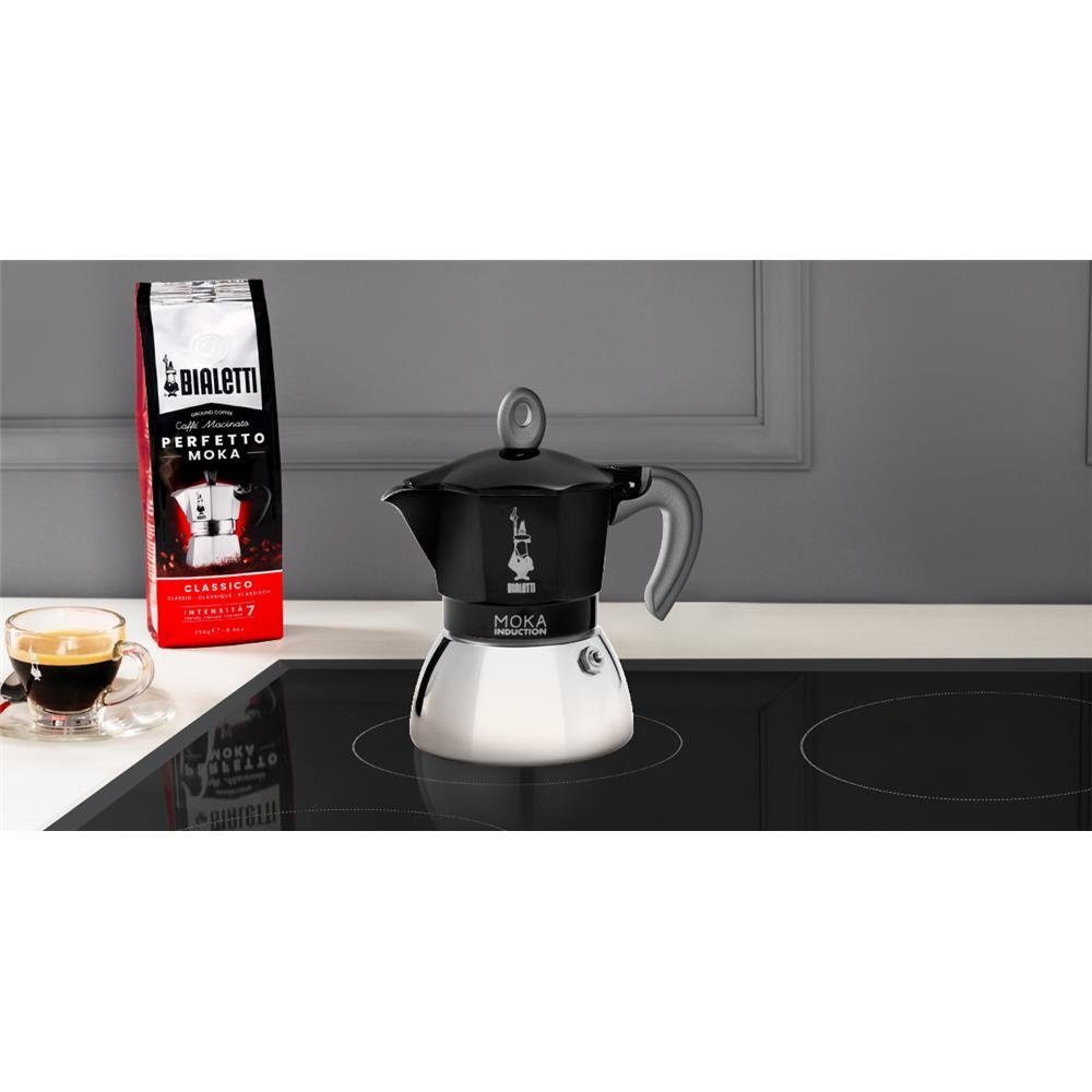 Silber/Schwarz New Kaffeekanne, 0,28l 6 Tassen, BIALETTI Moka Alu/Stahl Induktions-/Gas-/Elektroherd Espressokocher Campingkocher