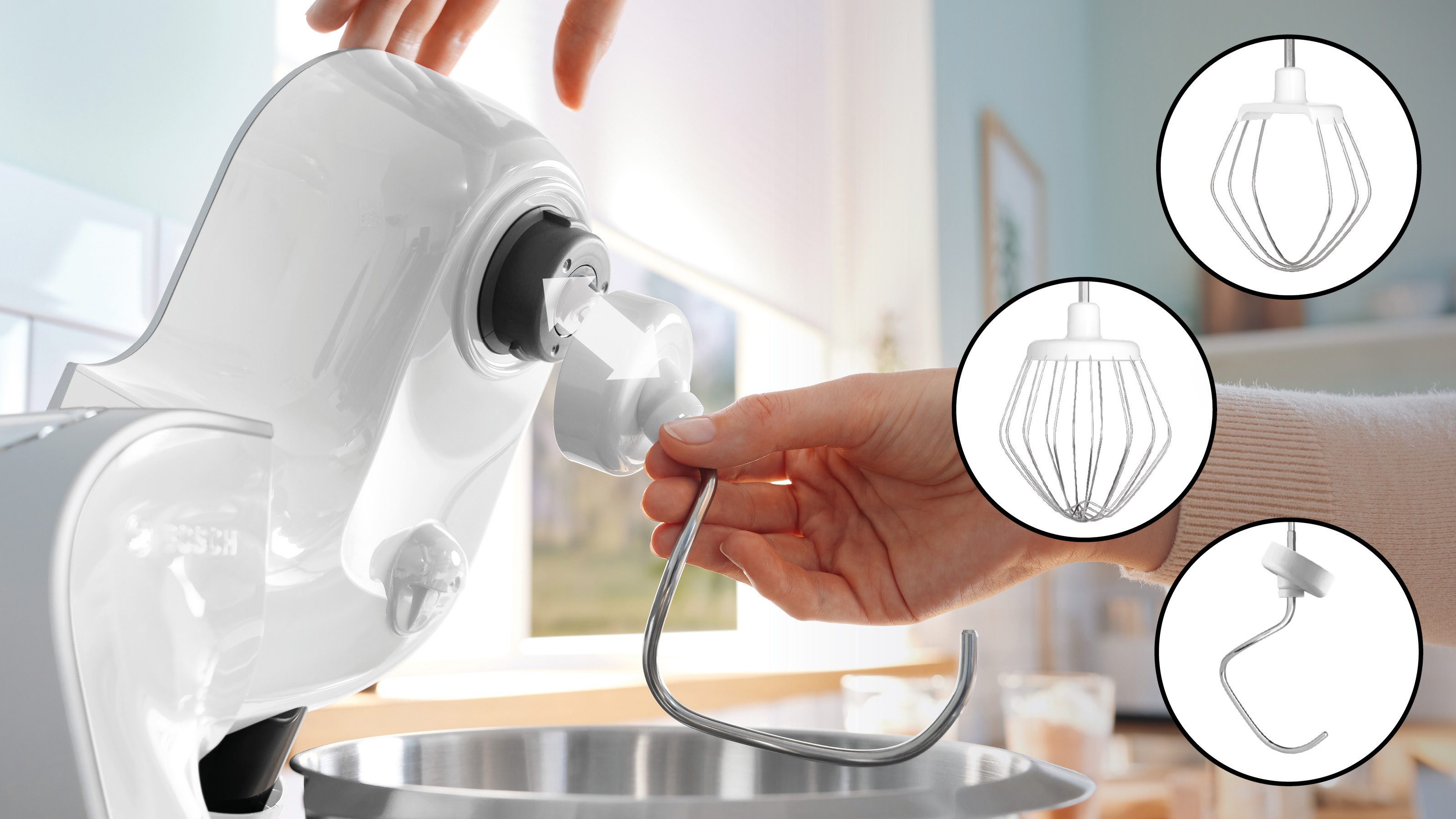 BOSCH Küchenmaschine MUM58200 Serie 4 Knethaken, Rühr- & Schneebesen aus Edelstahl, 1000 W, 3,9 l Schüssel, Zubehörtasche, Edelstahlschüssel spülmaschinenfest,  – Bild 3 von 5