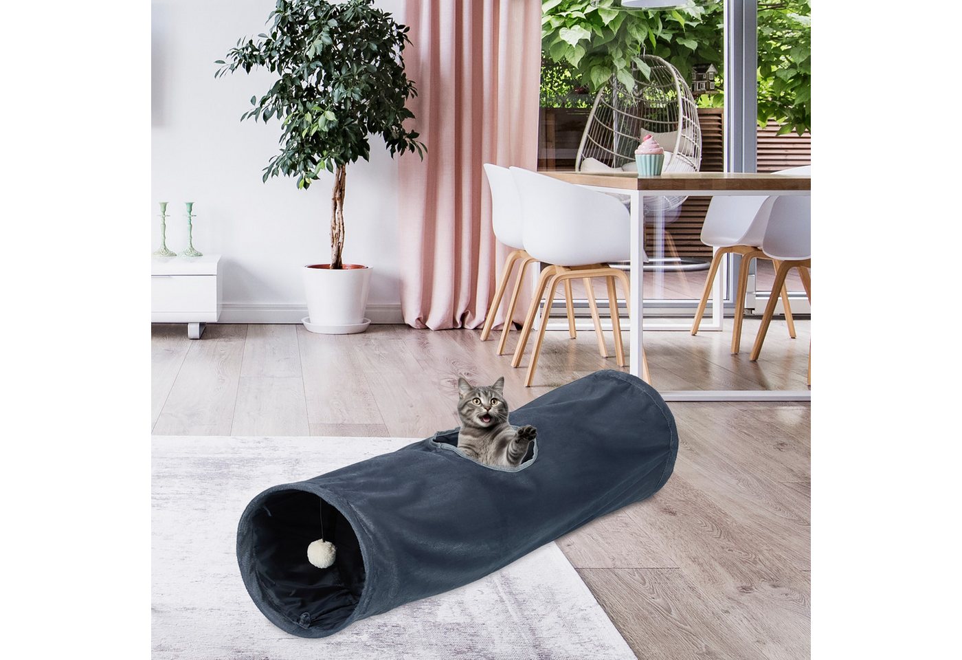 Thumbnail - relaxdays Kleintiertunnel Faltbarer Katzentunnel mit Plüsch, Polyester, Grau