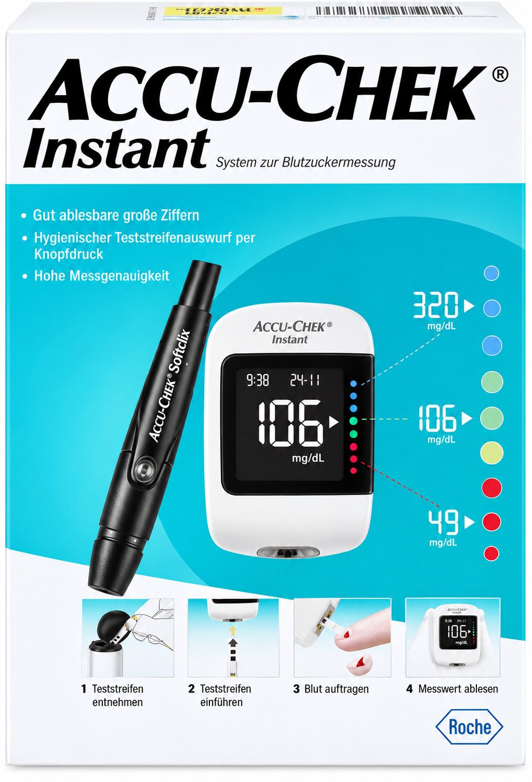 Roche Blutzuckermessgerät Accu-Chek Instant, Starterset, Hypo- und Hyperglykämie-Warnung, Diabetesüberwachung, Farbskala