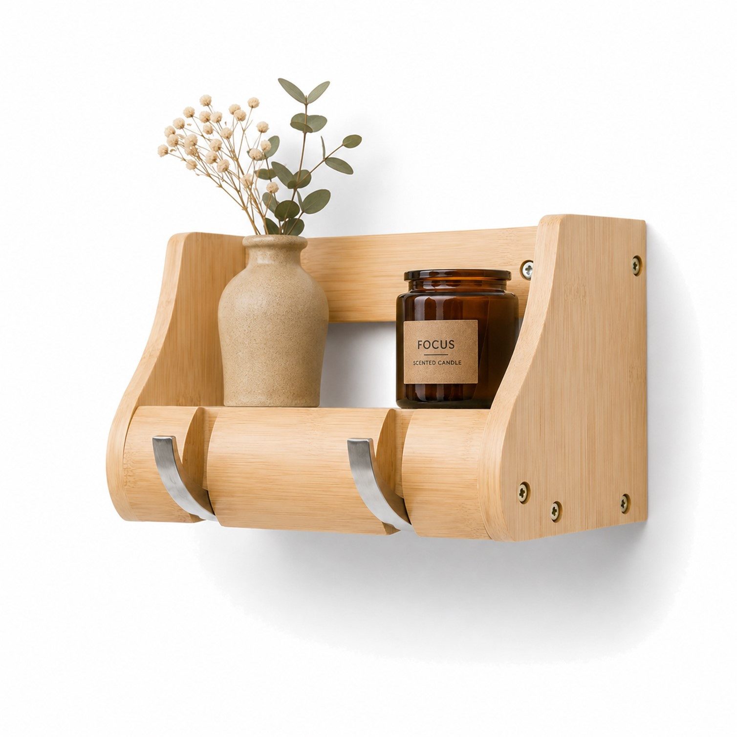 HOOZ Wandgarderobe Garderobenleiste 25cm Massiv Bambus natur - FSC Zertifikat 2 Kipphaken (Einzelartikel, 1-teiliges Garderoben-Set inklusive Montagematerial), FSC-zertifizierter Bambus, Ablagefläche, platzsparende Wandmontage